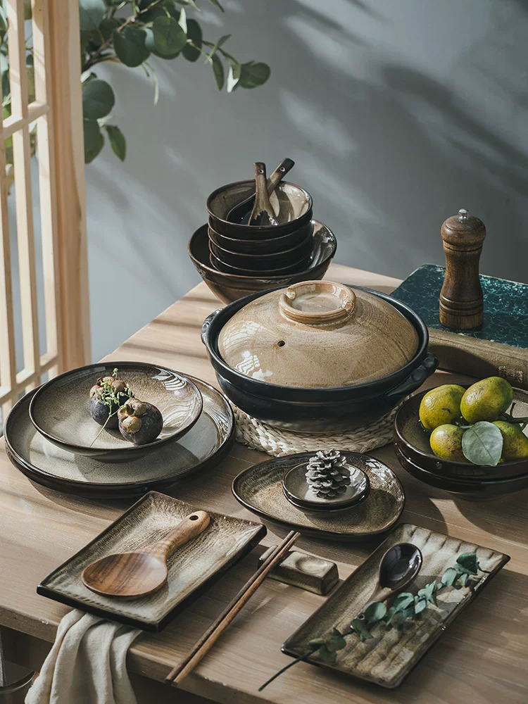 Bộ đồ ăn gia dụng, bộ đồ ăn gốm đất tím Jingdezhen nung lò, đĩa và bát kiểu Nhật cao cấp, phong cách Trung Hoa và Nhật Bản sang trọng nhẹ nhàng.