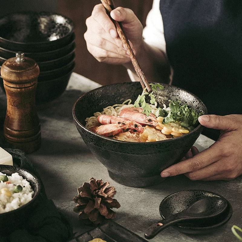 Bộ đồ ăn gia đình, phong cách retro đơn giản, bộ đồ ăn Nhật Bản thời thượng, bát đĩa sáng tạo, đũa, bát cơm, đĩa, thiết kế độc đáo kiểu Trung Hoa.