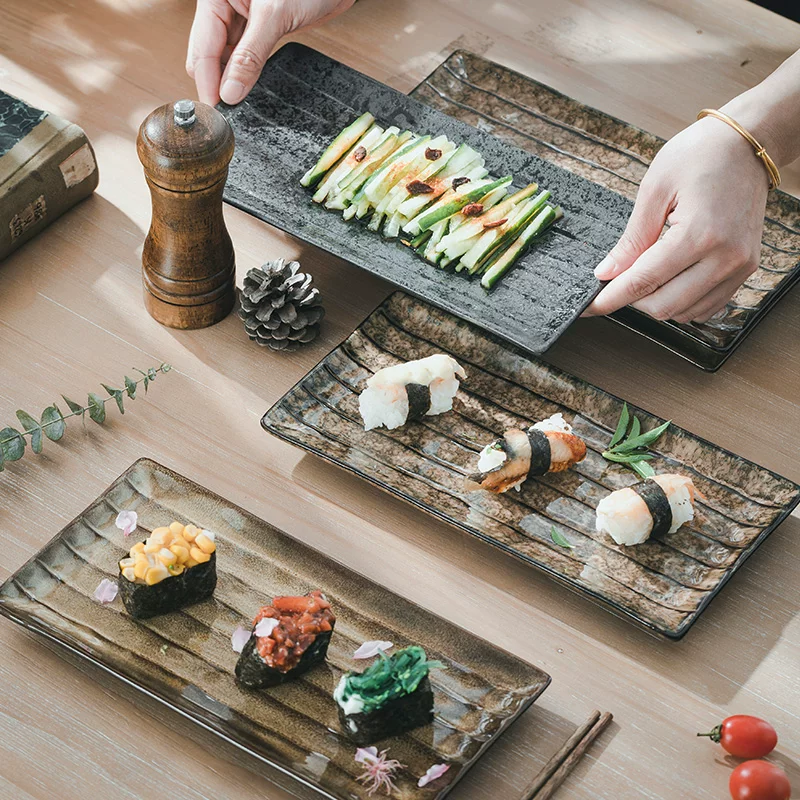 Đĩa hình chữ nhật sáng tạo, đĩa sushi, đĩa sứ cổ điển, đĩa cá gia dụng, đĩa ăn cao cấp, đĩa phẳng, phong cách gỗ tự nhiên.