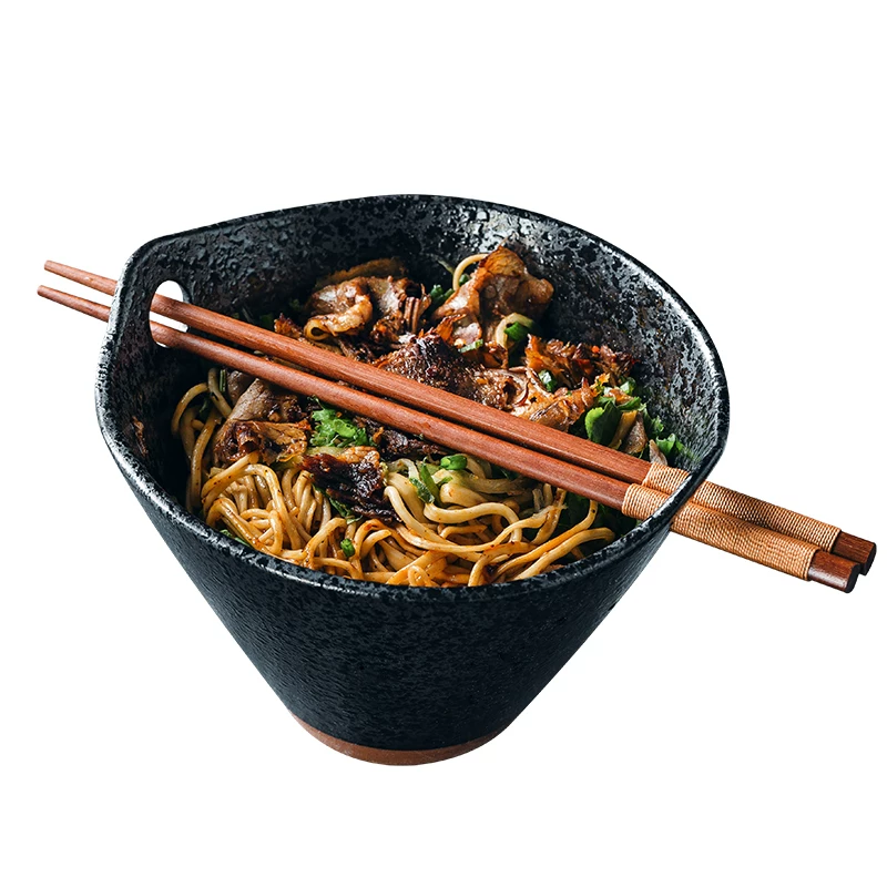 Bát mì gốm sứ kiểu Nhật cổ điển với lớp men sáng tạo, bát súp gia dụng, bát đựng salad trái cây, bát đựng đũa có hai quai cá nhân hóa.