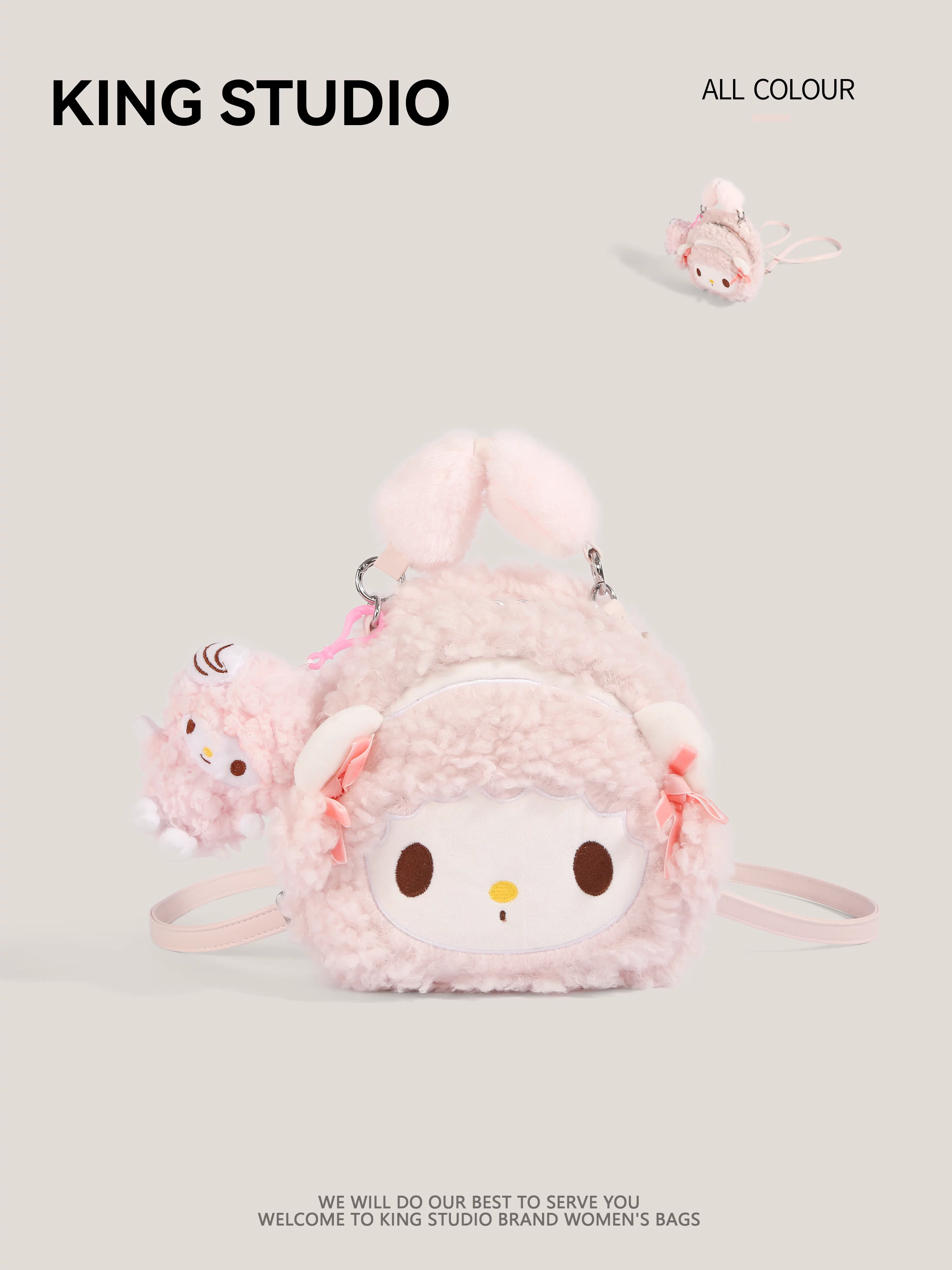 Ba lô len cừu hồng dễ thương dành cho nữ, mẫu mới 2026, ba lô lông thú hoạt hình thời trang, cặp sách học sinh