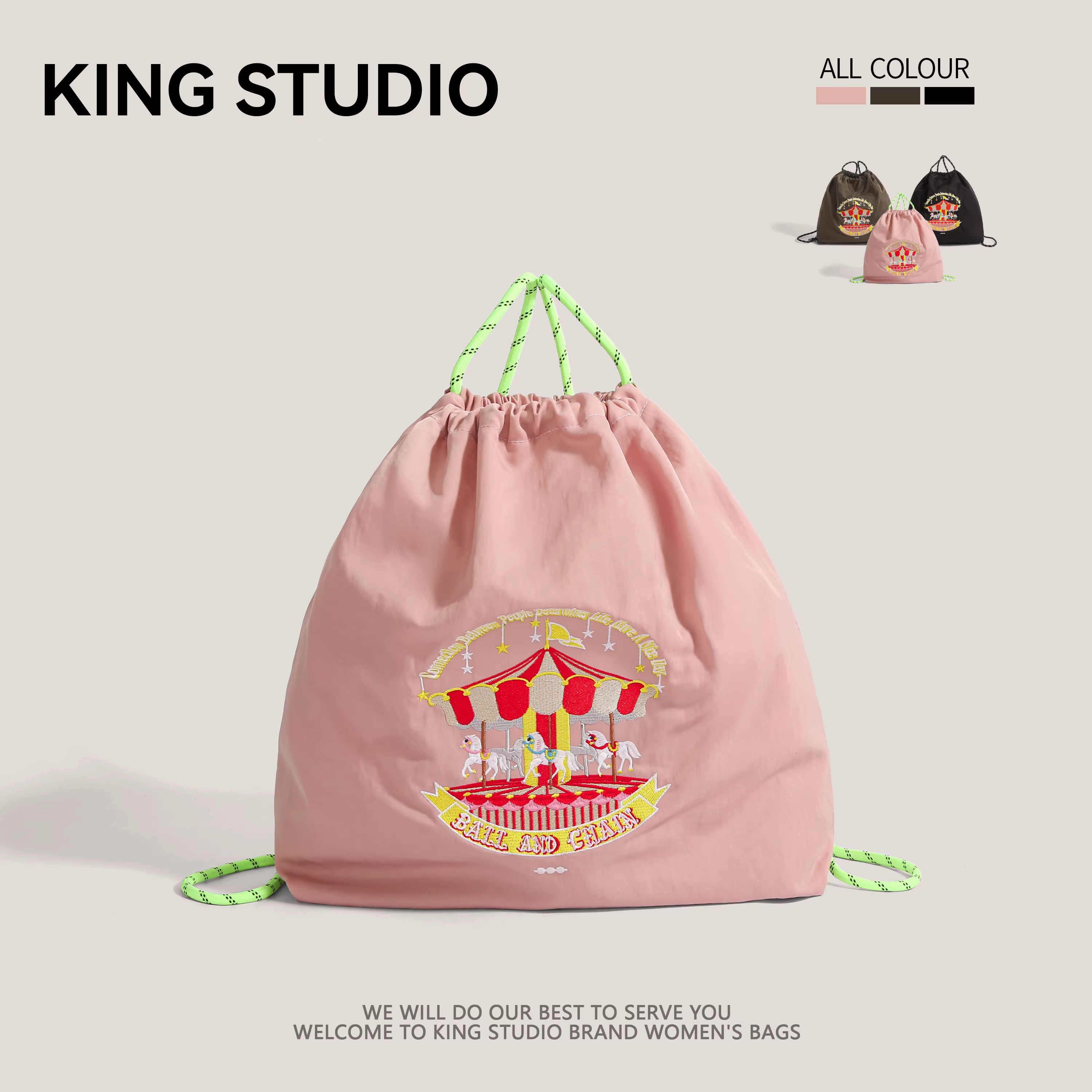 Túi xách cùng kiểu dáng của Naza, ba lô vải canvas thân thiện với môi trường thêu dây xích hình quả bóng kiểu Nhật màu hồng.