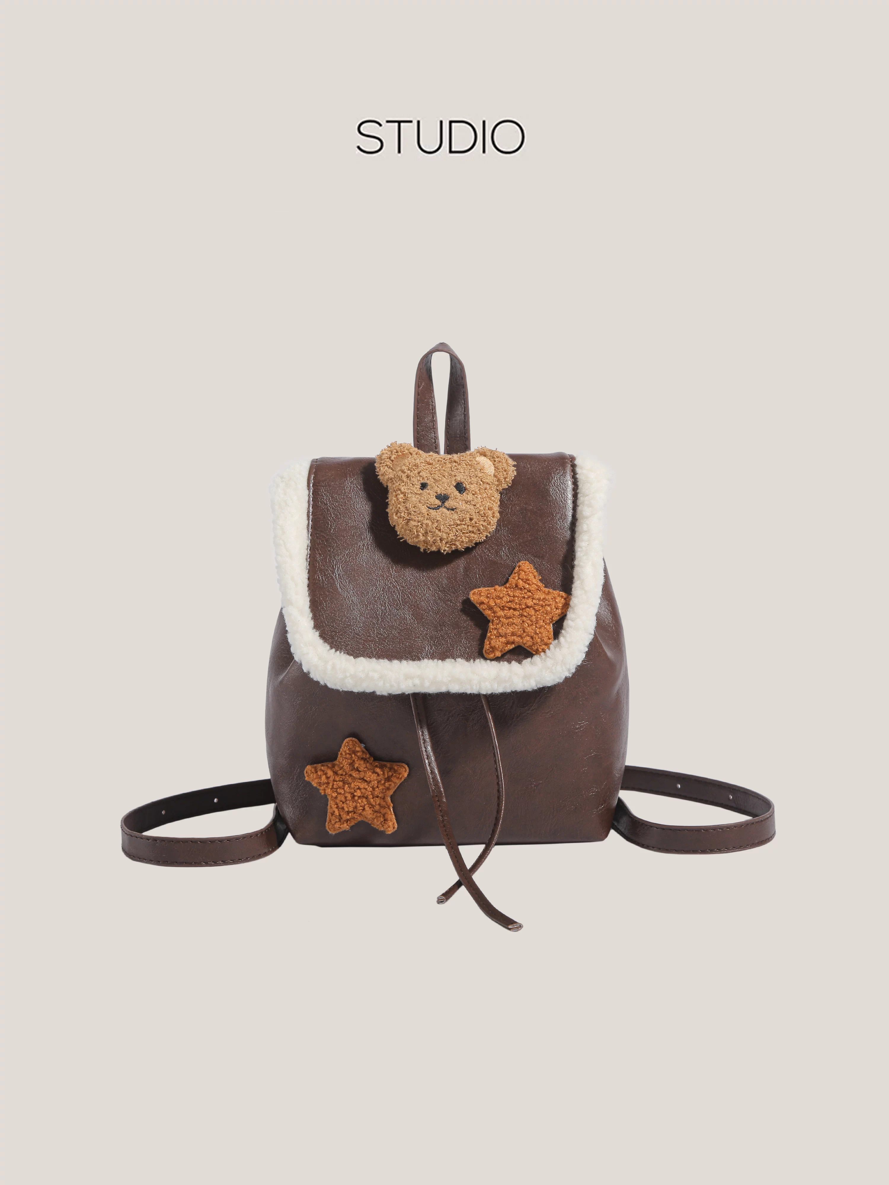 Ba lô thiết kế độc đáo Maillard 2025 xuân/hè mới phong cách Y2K hot girl, chất liệu len cừu, kiểu dáng mini hình gấu