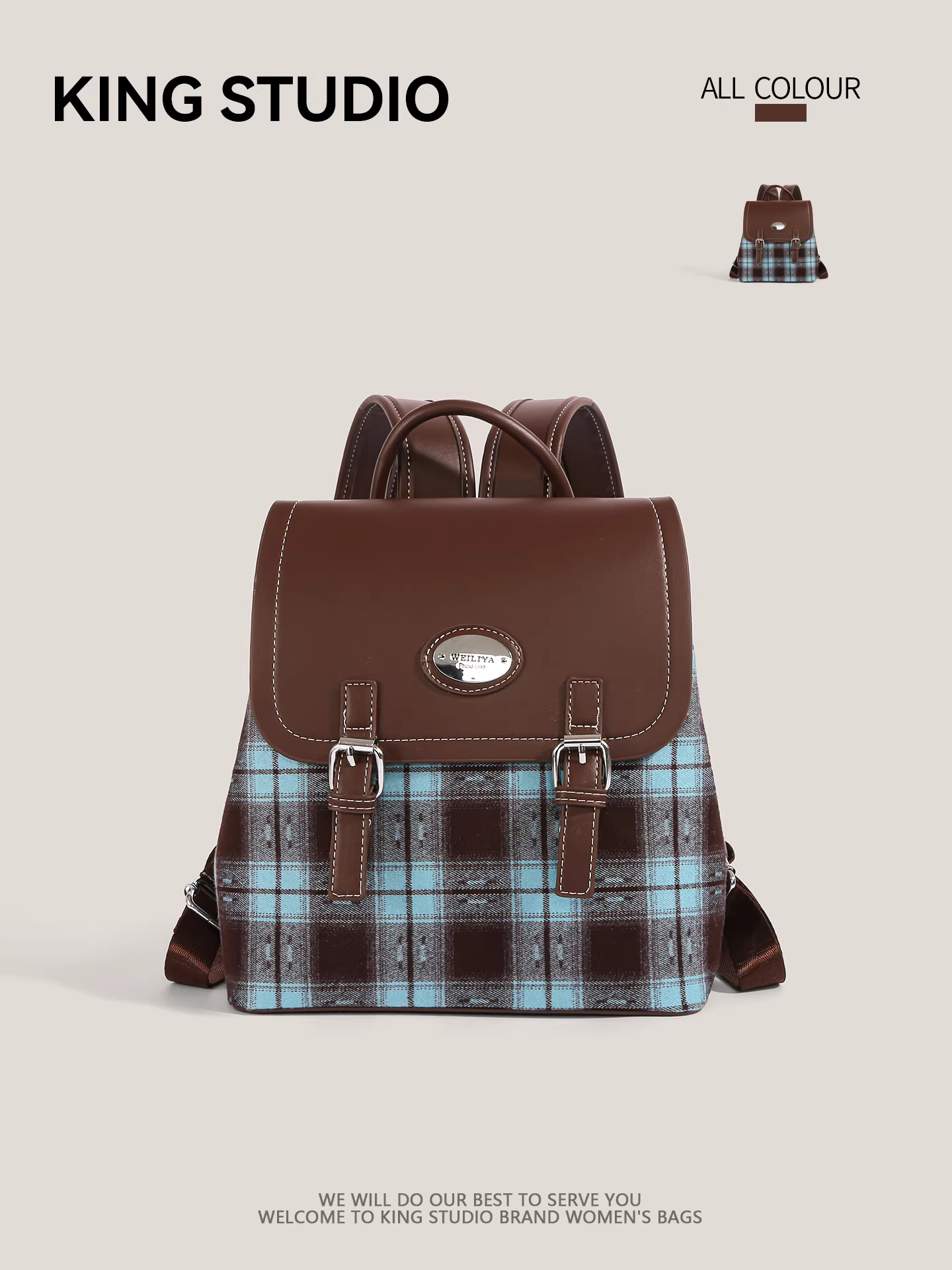 Ba lô nữ phối họa tiết ca rô retro phong cách Niche, mẫu mới 2026, kiểu dáng học sinh, dung tích lớn, dùng đi làm, đi học, thời trang.