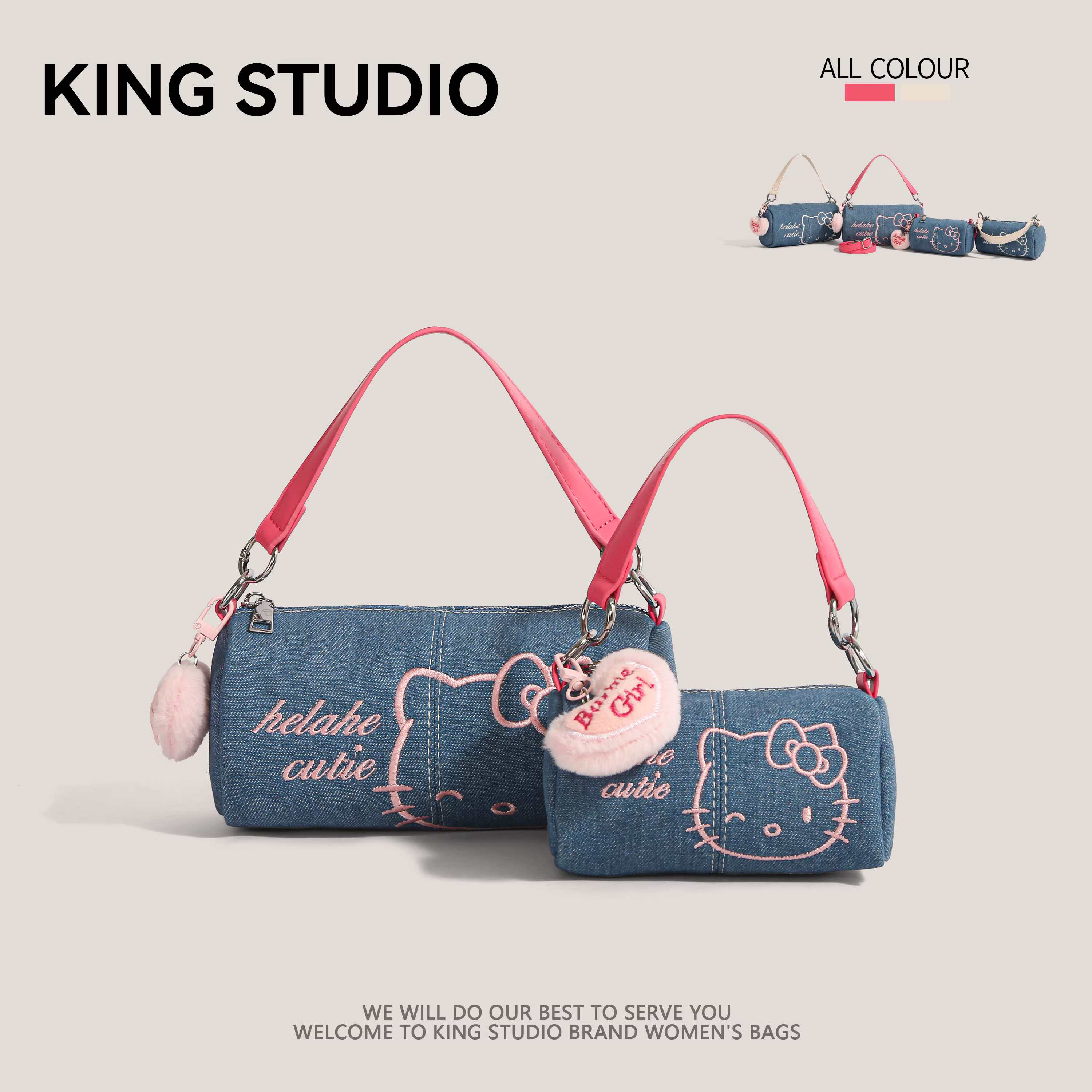 Túi Hello Kitty dành cho nữ mẫu mới 2025, túi denim Hello Kitty độc đáo, túi hình trụ, đeo vai, đeo chéo