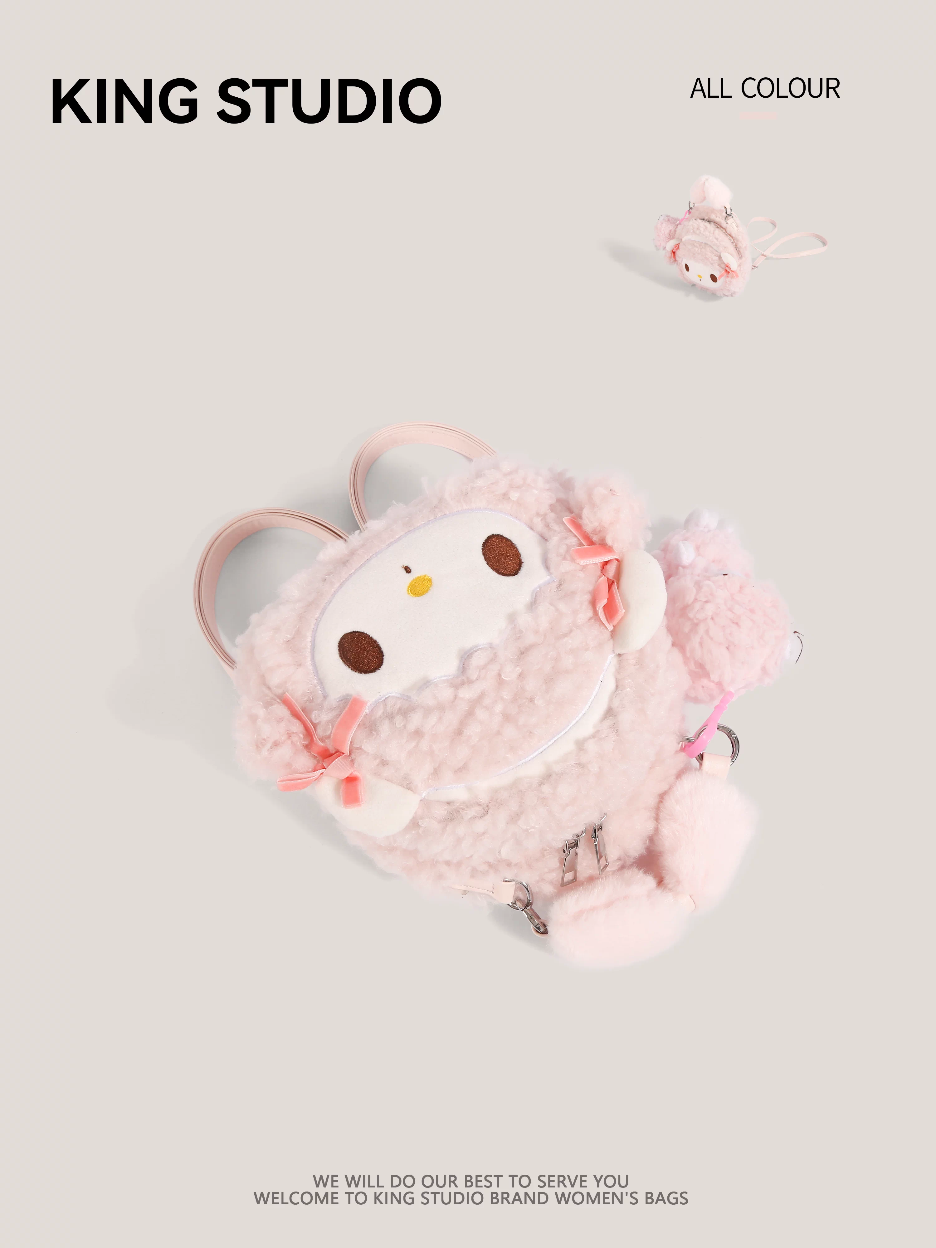 Ba lô len cừu hồng dễ thương dành cho nữ, mẫu mới 2026, ba lô lông thú hoạt hình thời trang, cặp sách học sinh