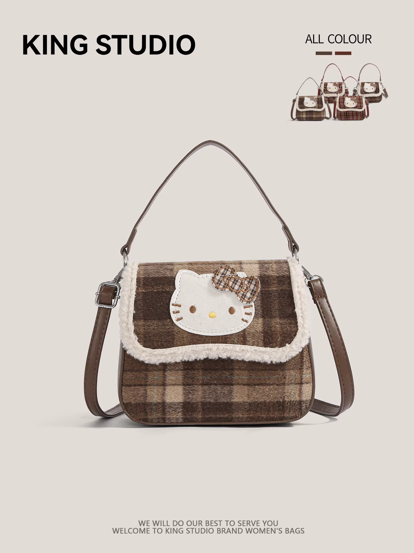 Túi len kẻ caro Hello Kitty dễ thương dành cho nữ, mẫu mới 2025, túi điện thoại mini hoạt hình Hello Kitty retro