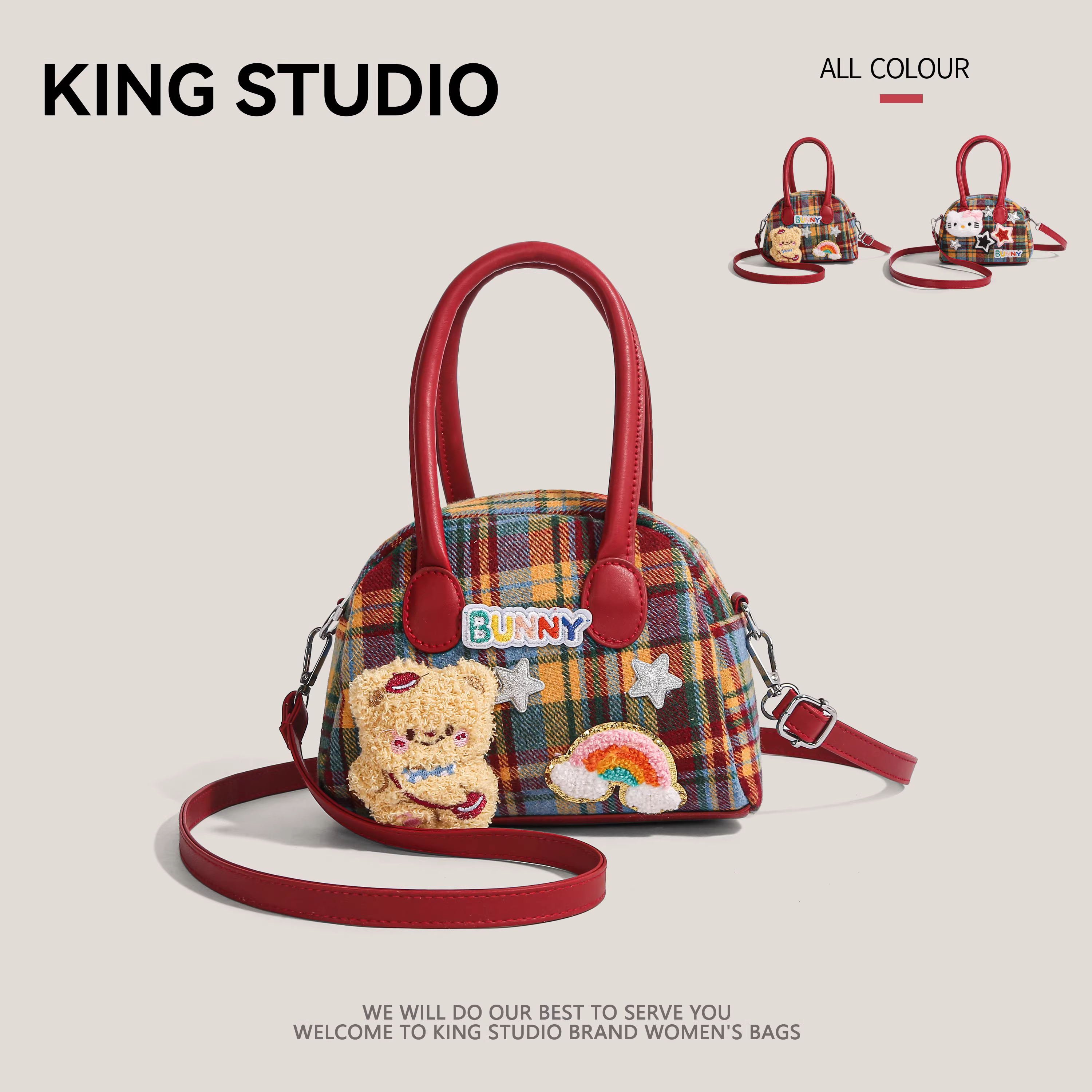 Túi xách kẻ caro nhỏ xinh dành cho nữ 2025, mẫu mới thời thượng, hình gấu dễ thương, đeo chéo, túi bowling mini cho các cô gái