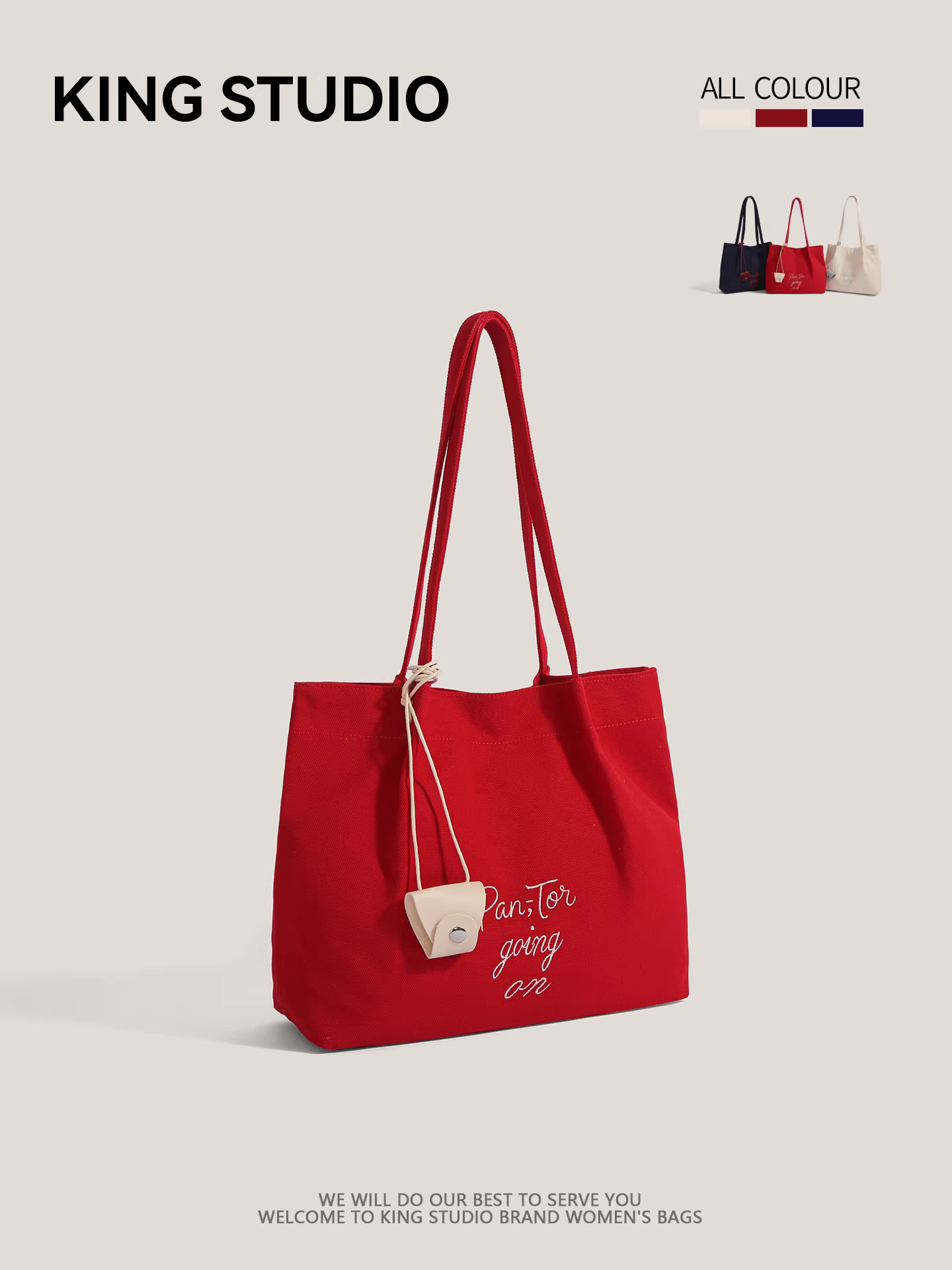 Túi vải bố in chữ đỏ dành cho nữ, mẫu mới hè 2025, túi tote thời trang, túi đeo vai đi làm, dung tích lớn, phong cách giản dị