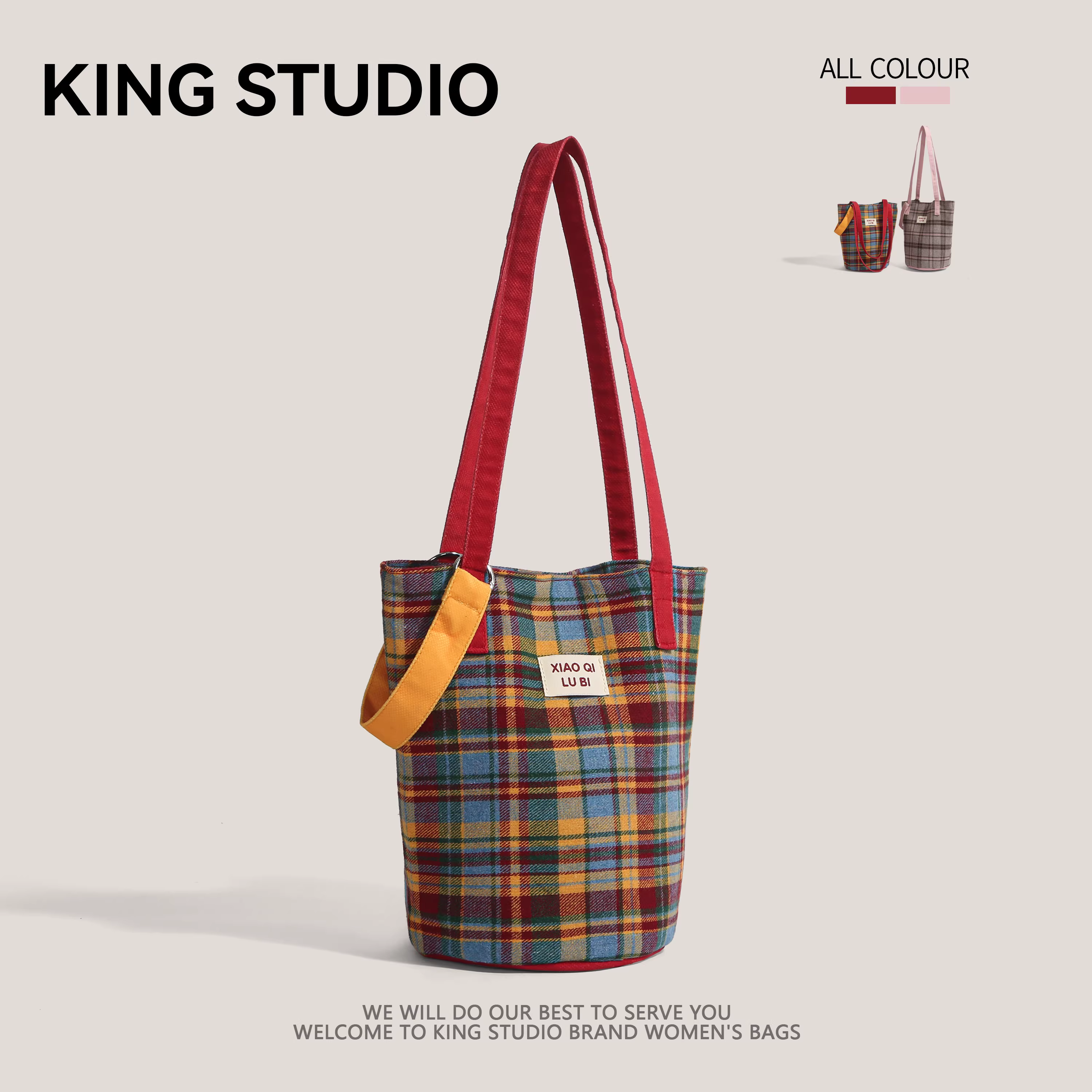 Túi xách nữ phối màu kẻ caro phong cách mới 2025, túi đeo vai thời trang đa năng, dung tích lớn, kiểu dáng túi bucket tiện dụng