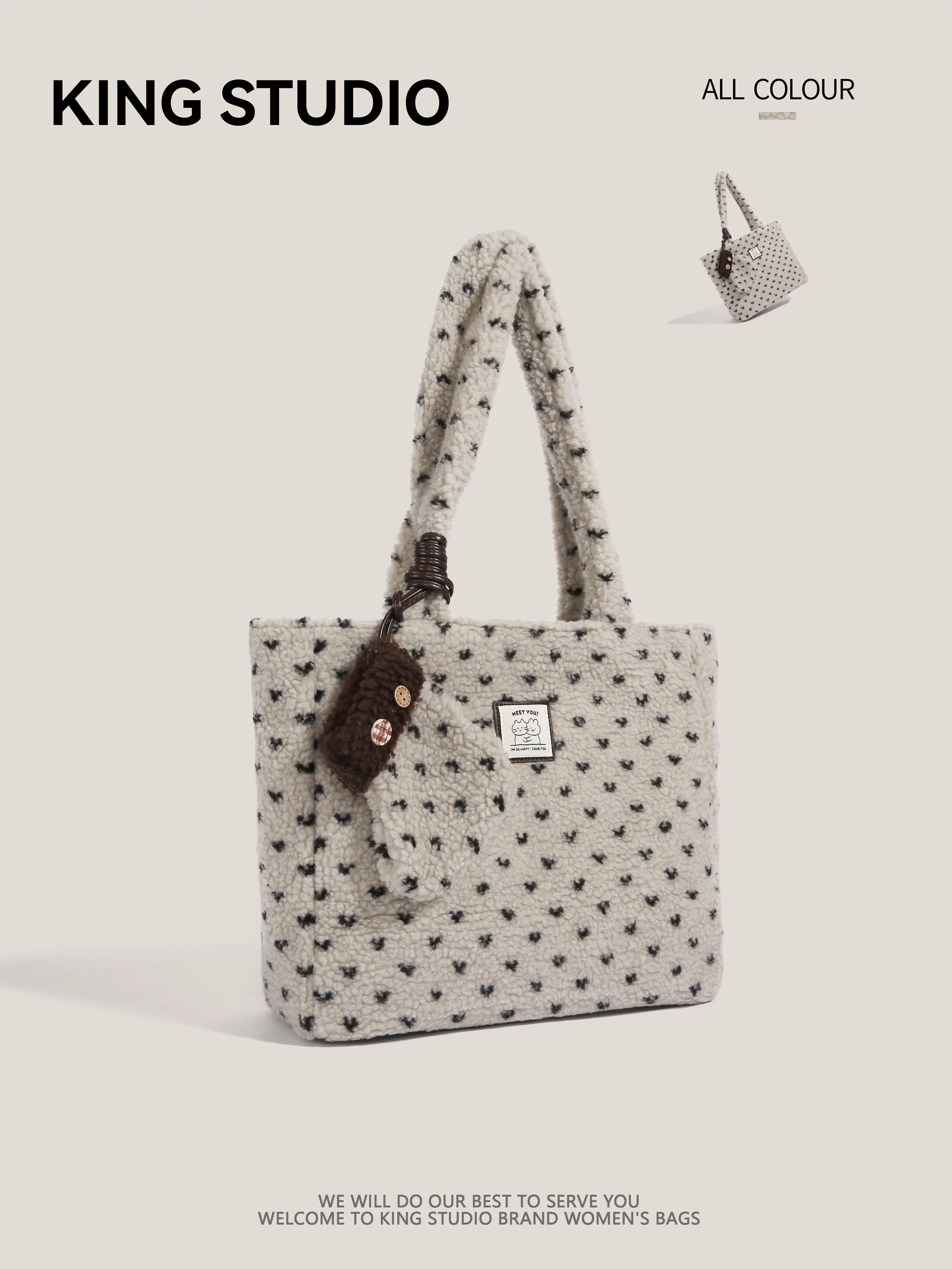 Túi tote len cừu chấm bi phong cách Hàn Quốc dành cho nữ, mẫu mới 2026, thời thượng, độc đáo, retro, đa năng, đeo vai, đi làm