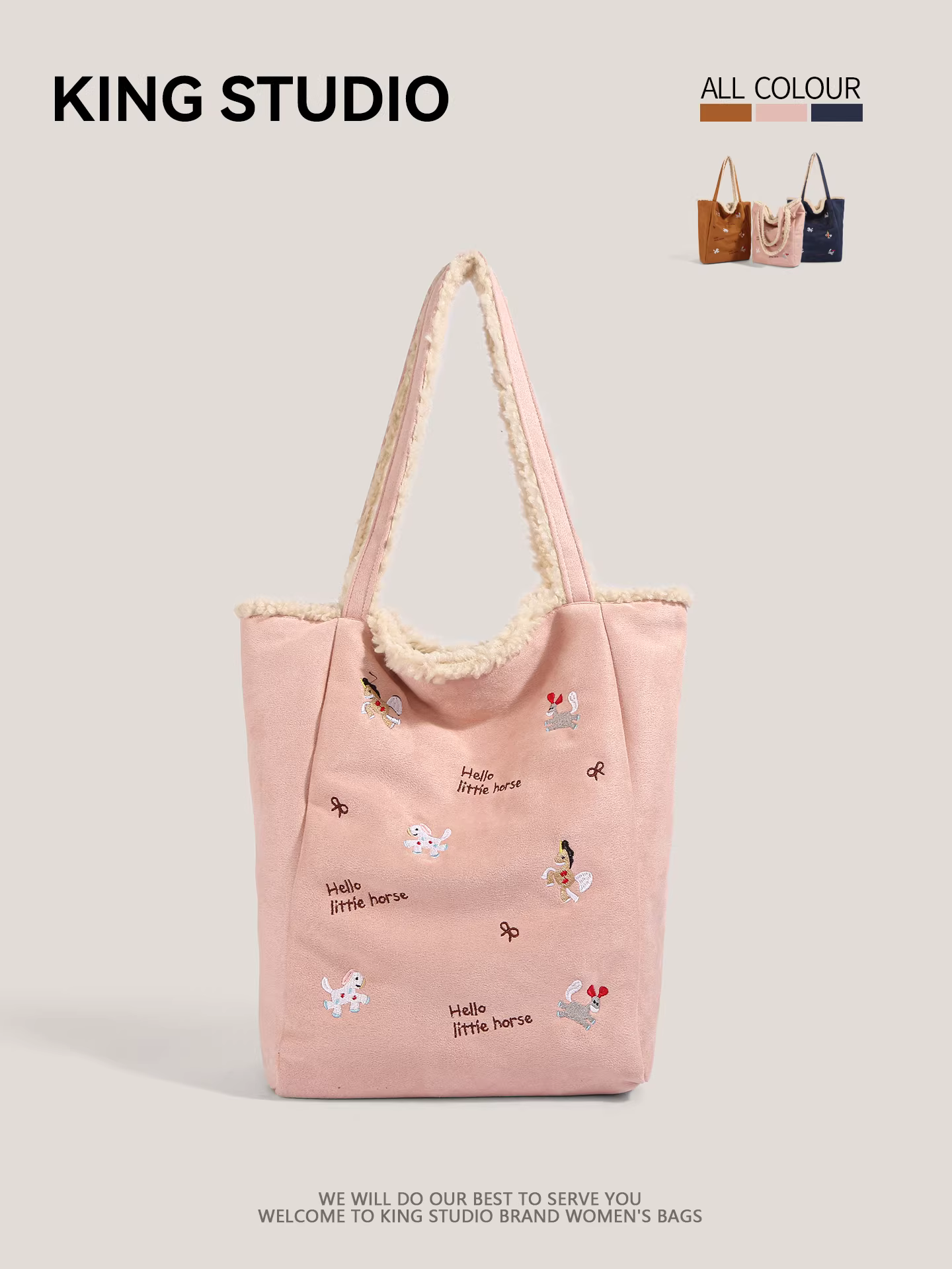 Túi tote thêu hình ngựa con bằng da lộn màu hồng dành cho nữ, túi đeo vai len cừu hai mặt mùa thu đông, túi xách lông nhung dung tích lớn.