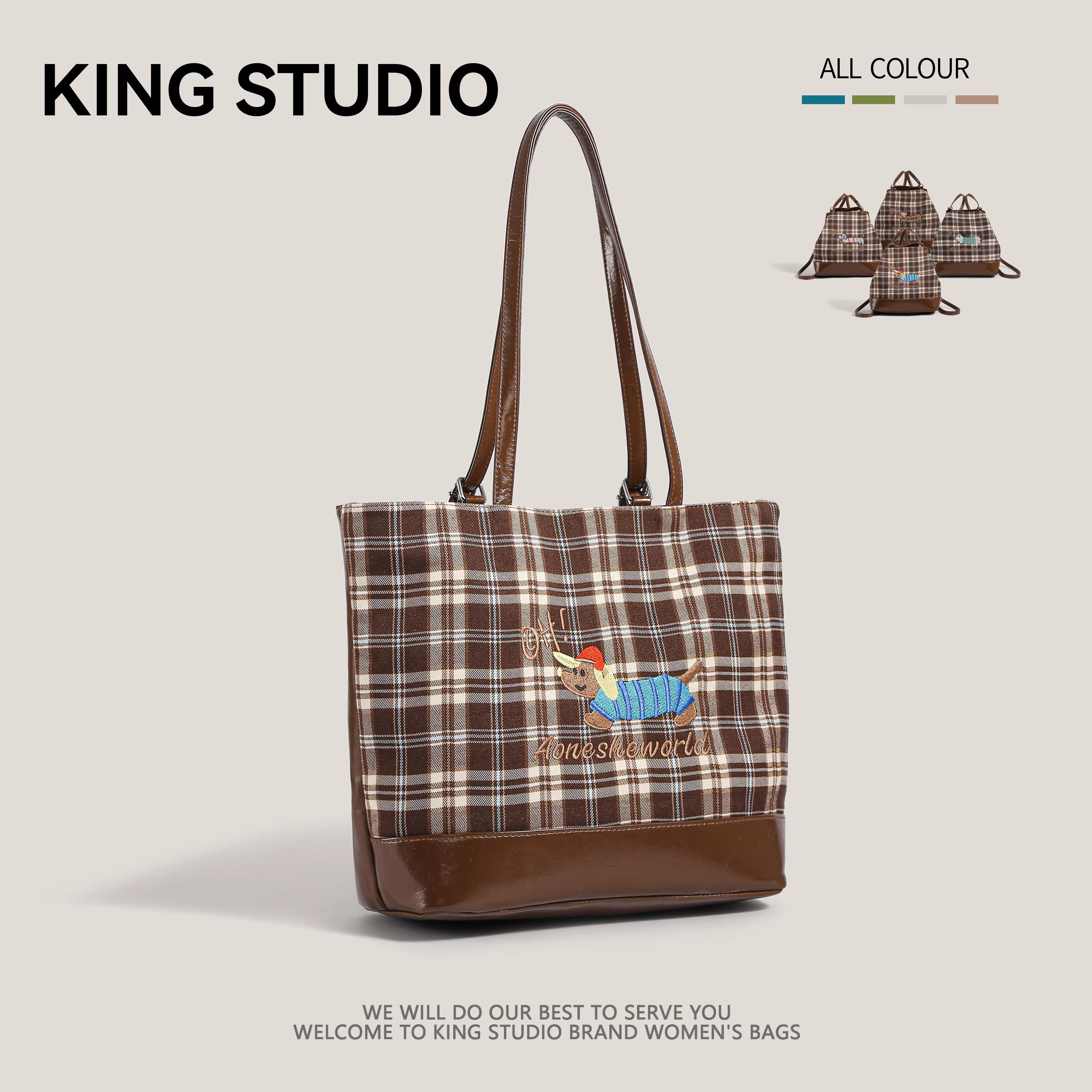 Túi xách nữ cỡ lớn mùa thu đông 2025, kiểu dáng mới thời thượng, họa tiết kẻ caro dễ thương hình chó dachshund, túi đeo vai đa năng, túi tote đi làm