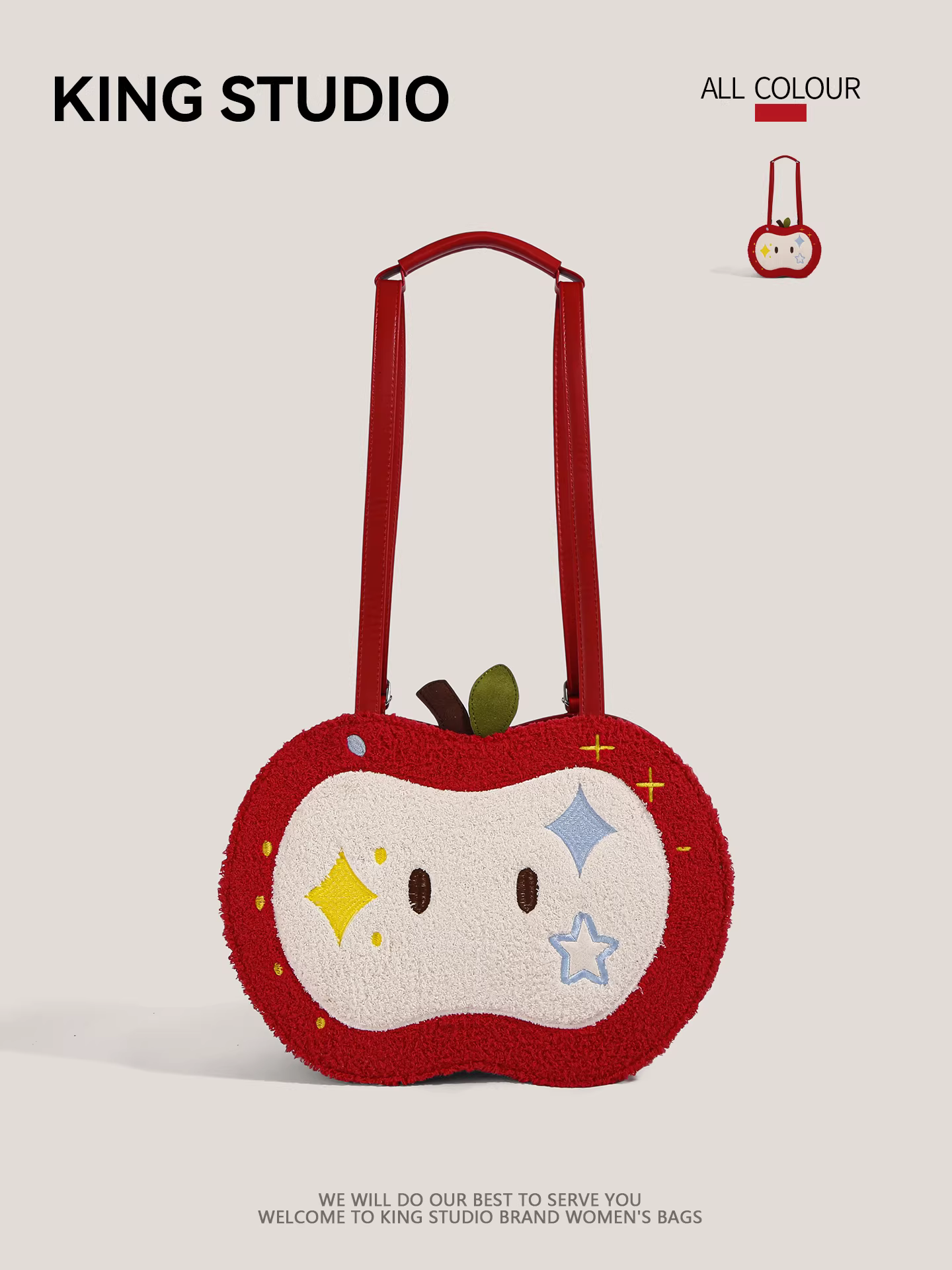 Túi xách lông thú hình quả táo đỏ thêu dễ thương dành cho nữ, mẫu mới 2026, đa năng, dung tích lớn, đeo vai, balo