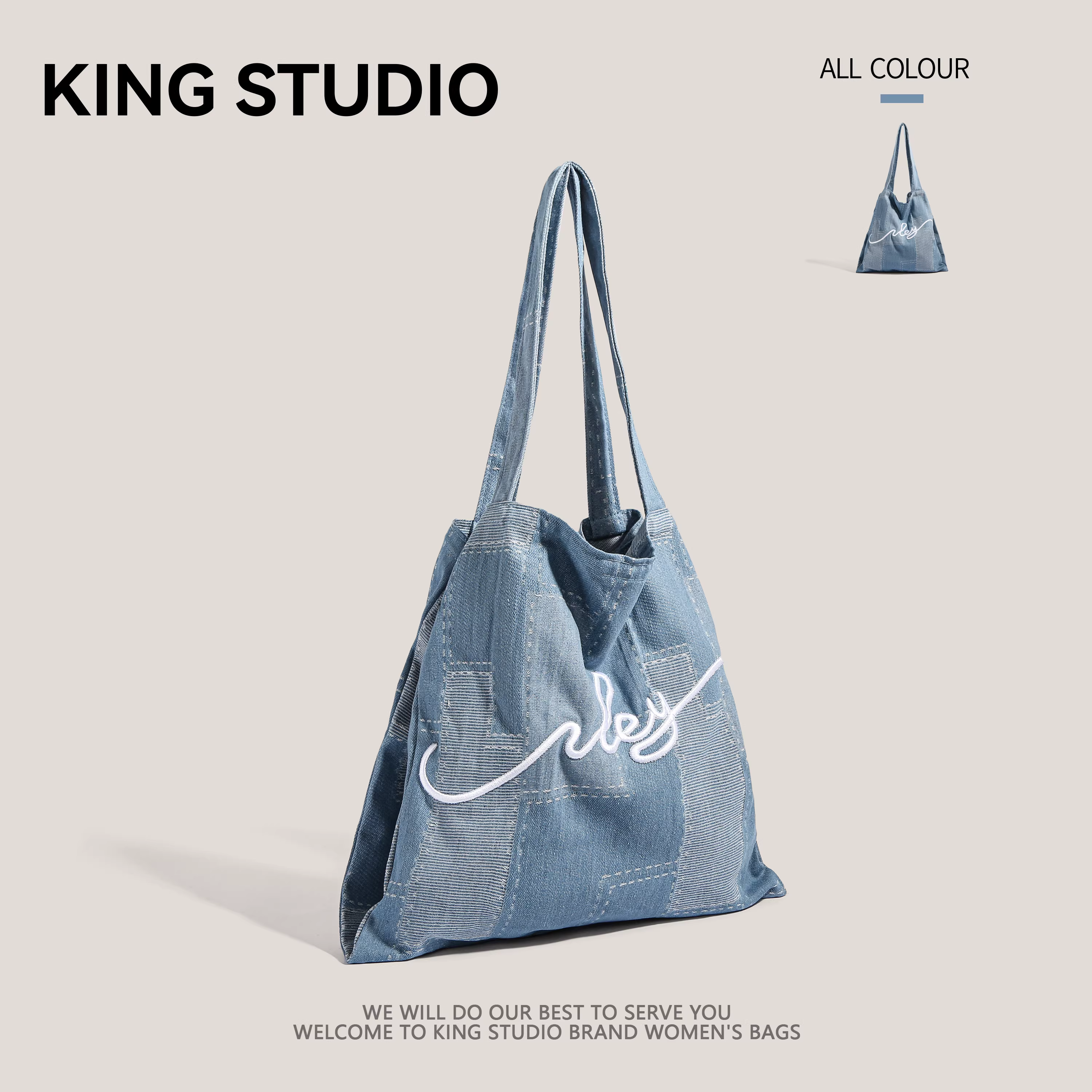 Túi đeo vai denim cá tính dành cho nữ sinh, mẫu mới 2025, xu hướng hè Hàn Quốc, túi tote in chữ, dung tích lớn, chất liệu canvas