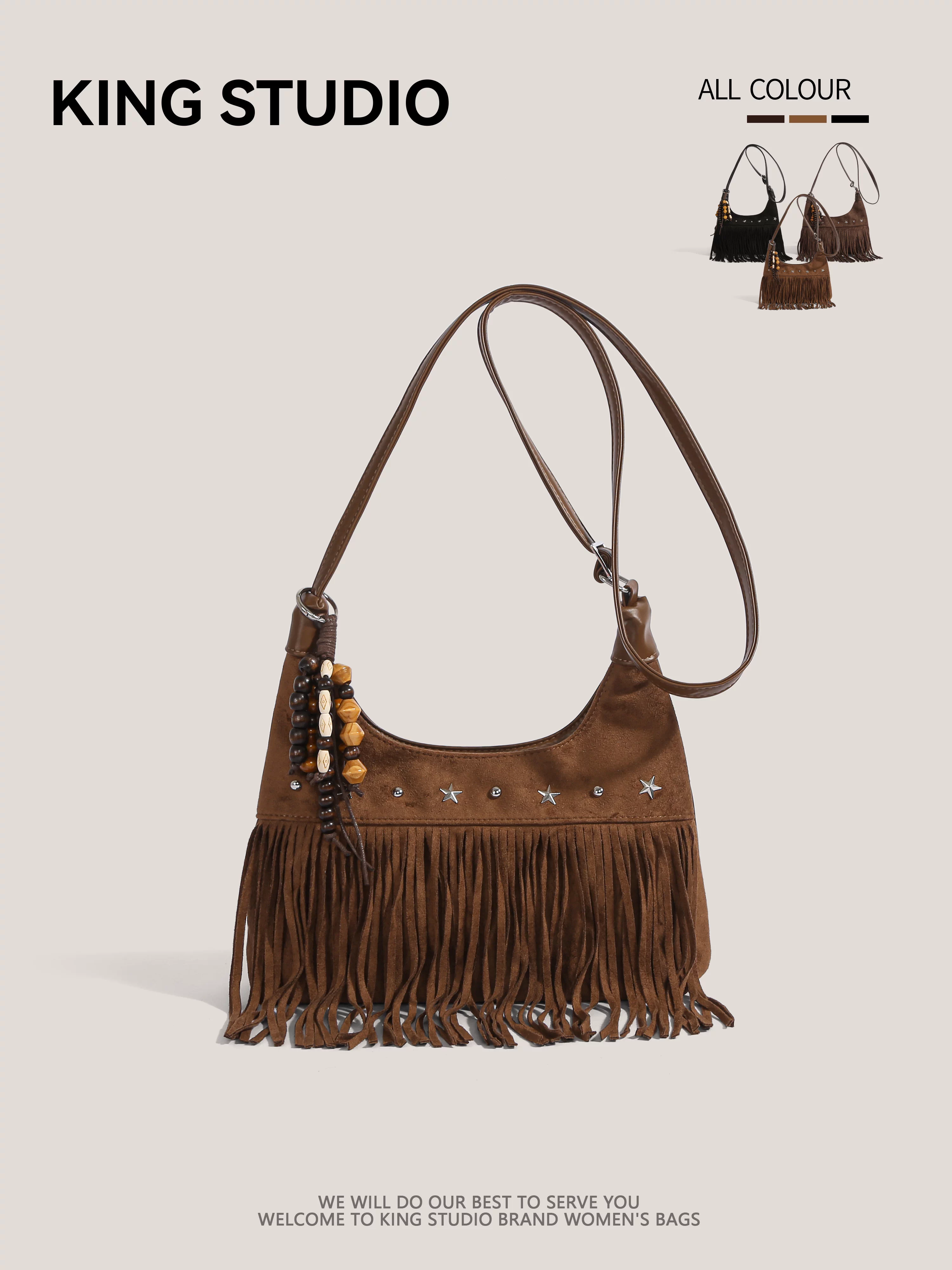 Túi đeo chéo da lộn mờ phong cách retro dành cho nữ, mẫu mới thu đông 2025, đa năng, kiểu boho, có tua rua