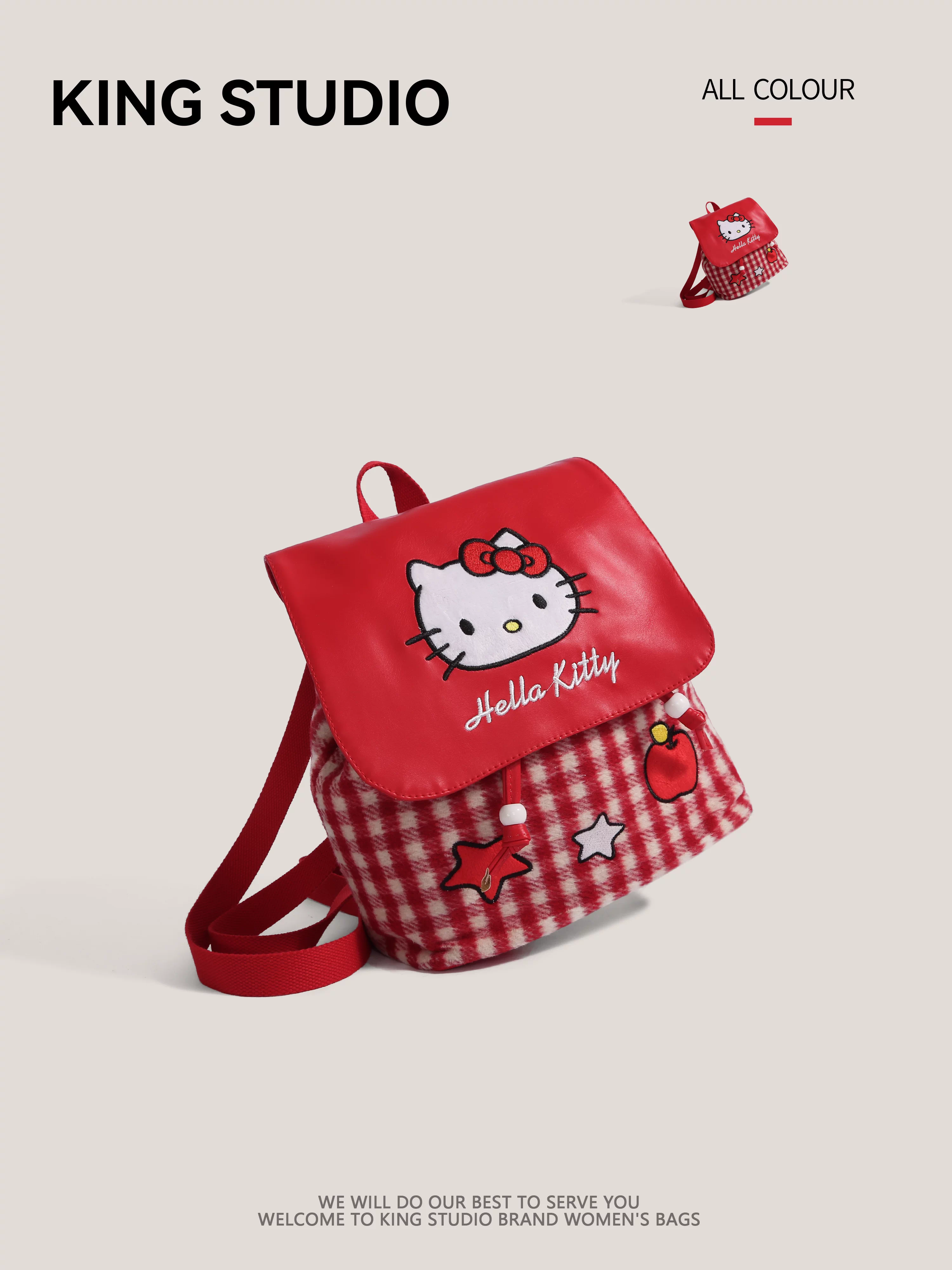 Ba lô Hello Kitty kẻ caro đỏ dễ thương dành cho nữ, mẫu mới 2025, ba lô đi làm hoạt hình Hello Kitty thời thượng