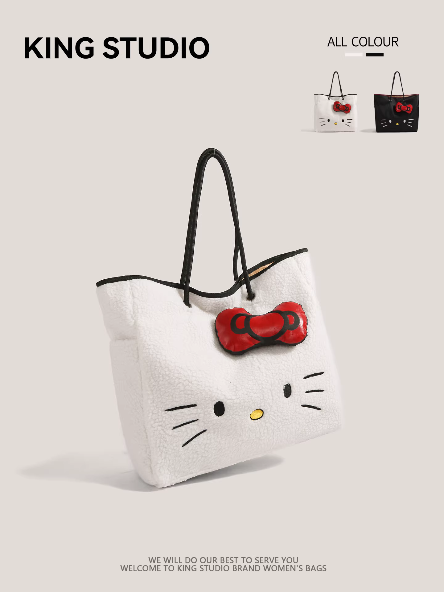 Túi tote len cừu Hello Kitty dễ thương dành cho nữ, mẫu mới 2025, thời trang hoạt hình Hello Kitty, dung tích lớn, đeo vai