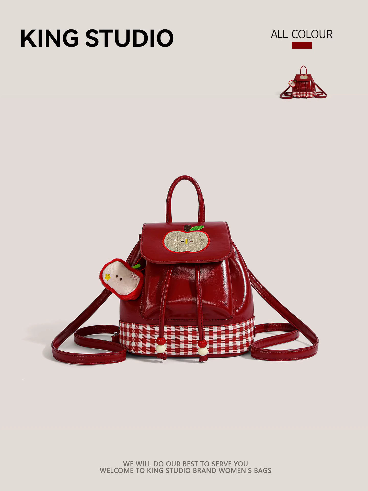 Ba lô hình quả táo kẻ sọc đỏ thêu hình hoạt hình, túi đi học mini nhẹ kiểu Hàn Quốc dành cho nữ sinh.