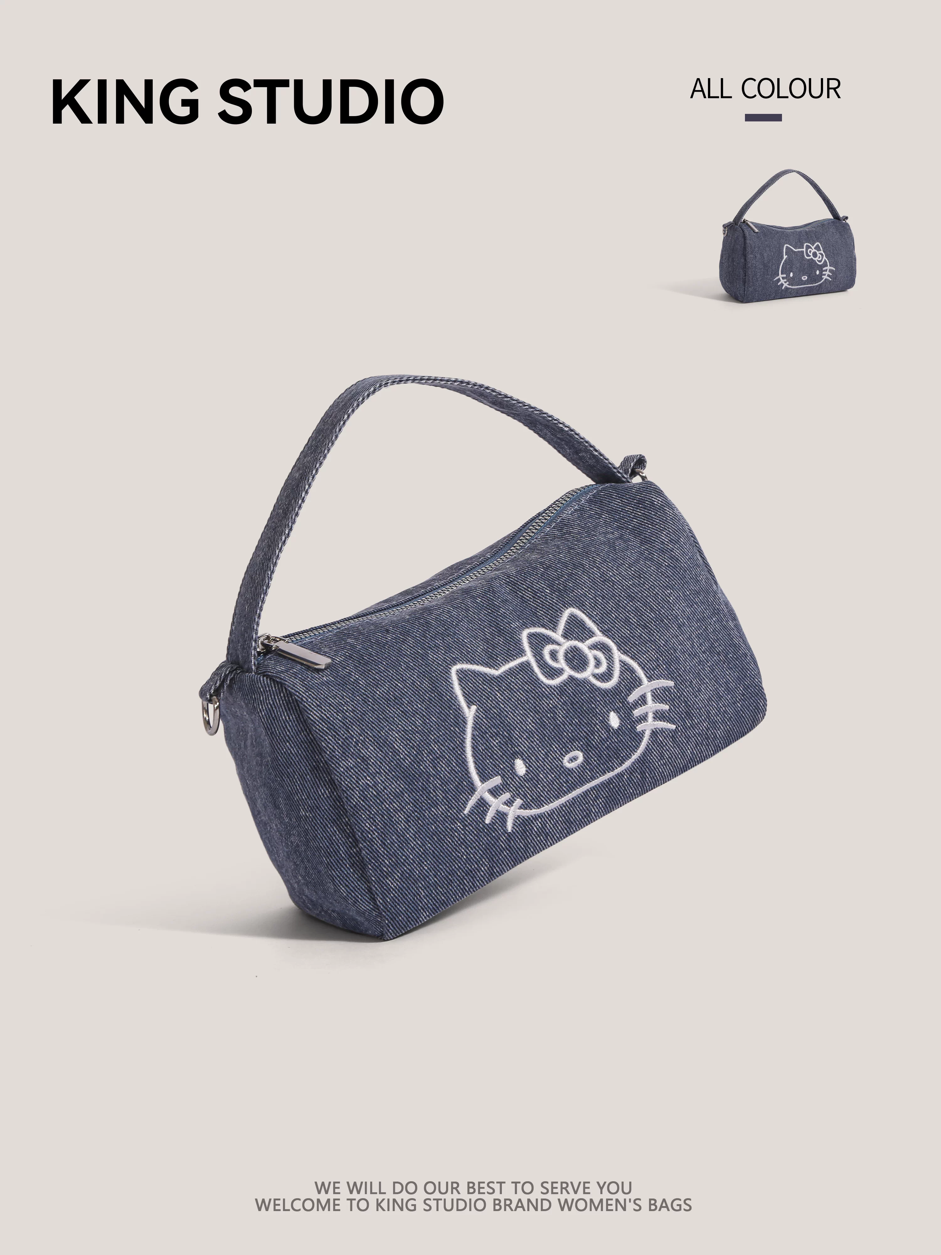Túi denim Hello Kitty dành cho nữ, túi xách đeo chéo hình Hello Kitty hoạt hình dễ thương, túi đeo vai