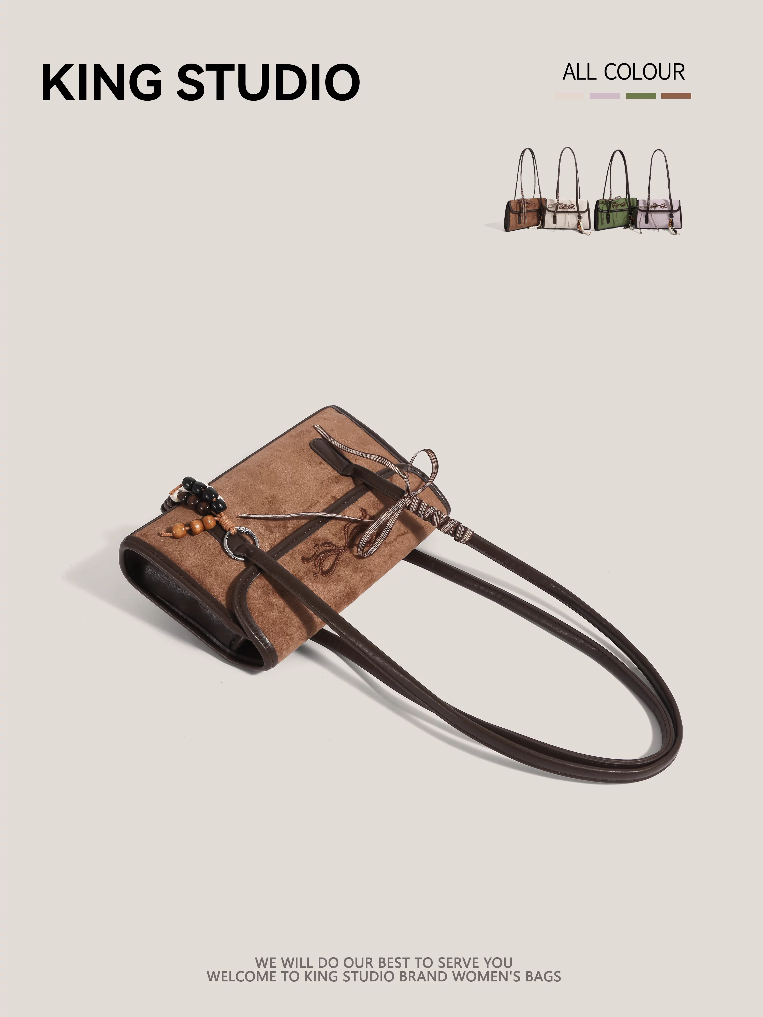 Túi xách da lộn Maillard cỡ lớn dành cho nữ, kiểu mới thu đông 2025, nơ retro, chất liệu mờ, đeo vai/nách