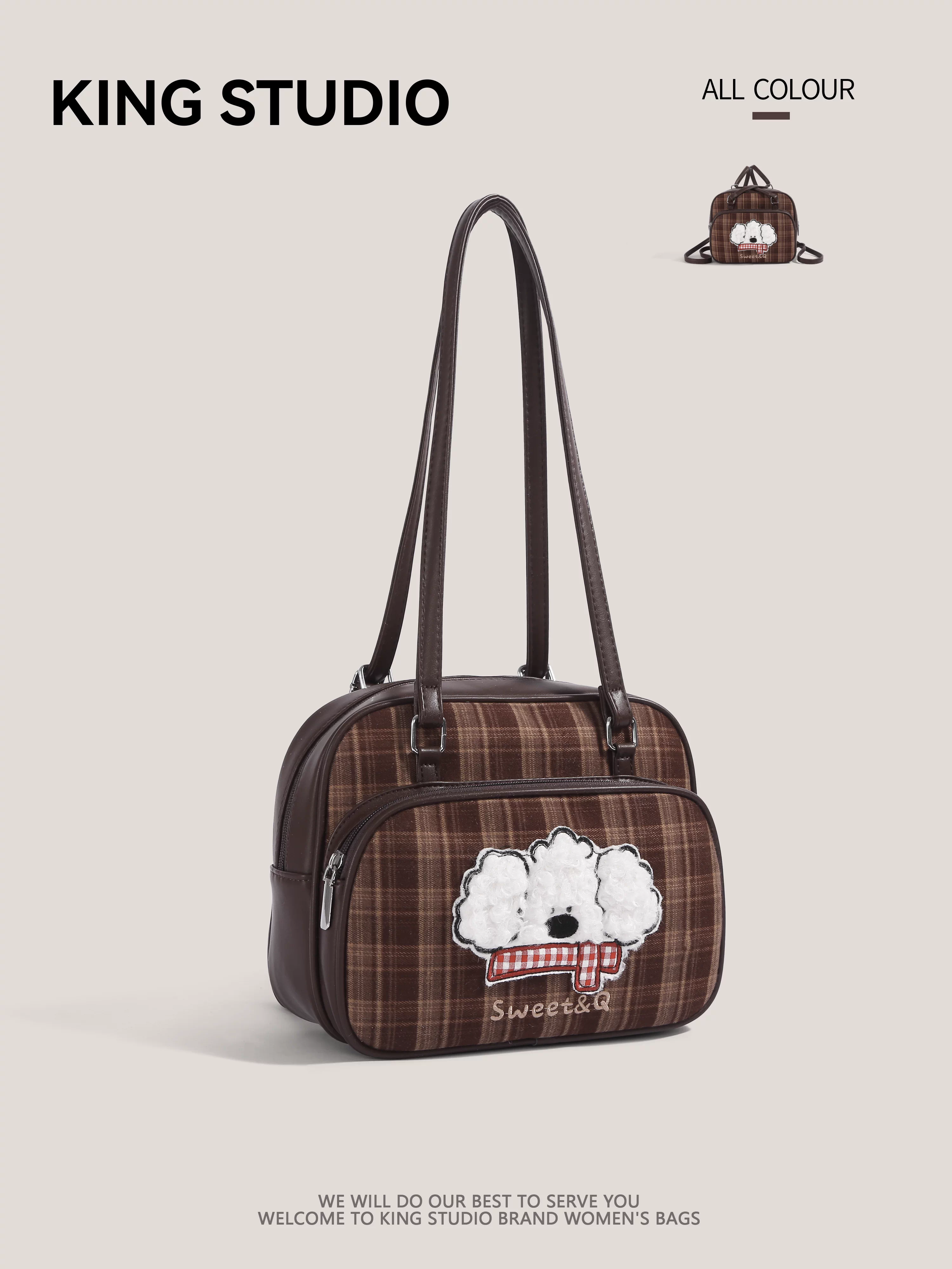 Ba lô hình chó con dễ thương họa tiết ca rô retro dành cho nữ, mẫu mới 2026, dung tích lớn, ba lô đi làm thời trang, túi đeo vai cá tính