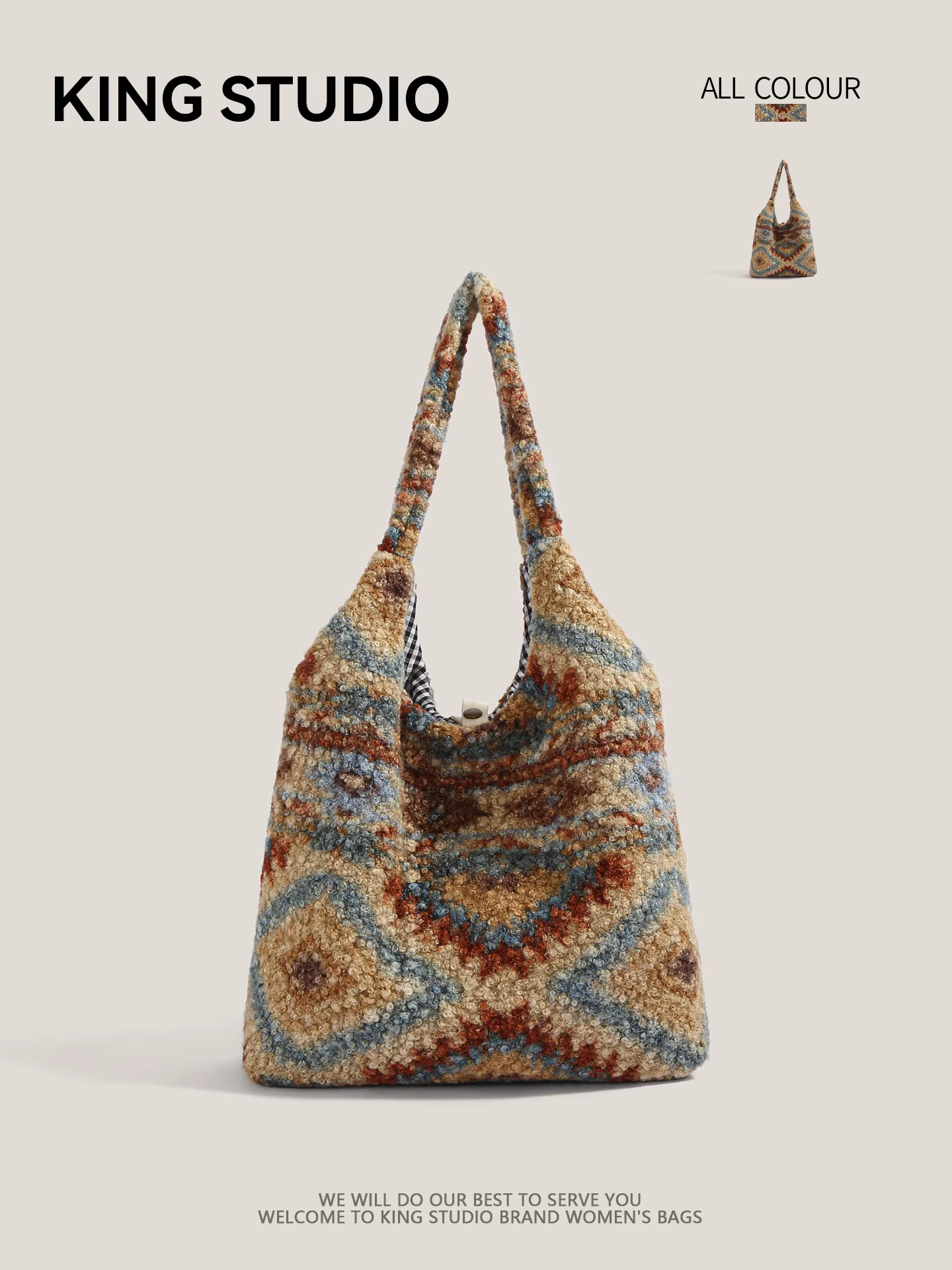 Túi đeo vai nữ phong cách dân tộc retro kẻ ca rô lông mềm, mẫu mới 2026, dung tích lớn, đa năng, kiểu dáng độc đáo