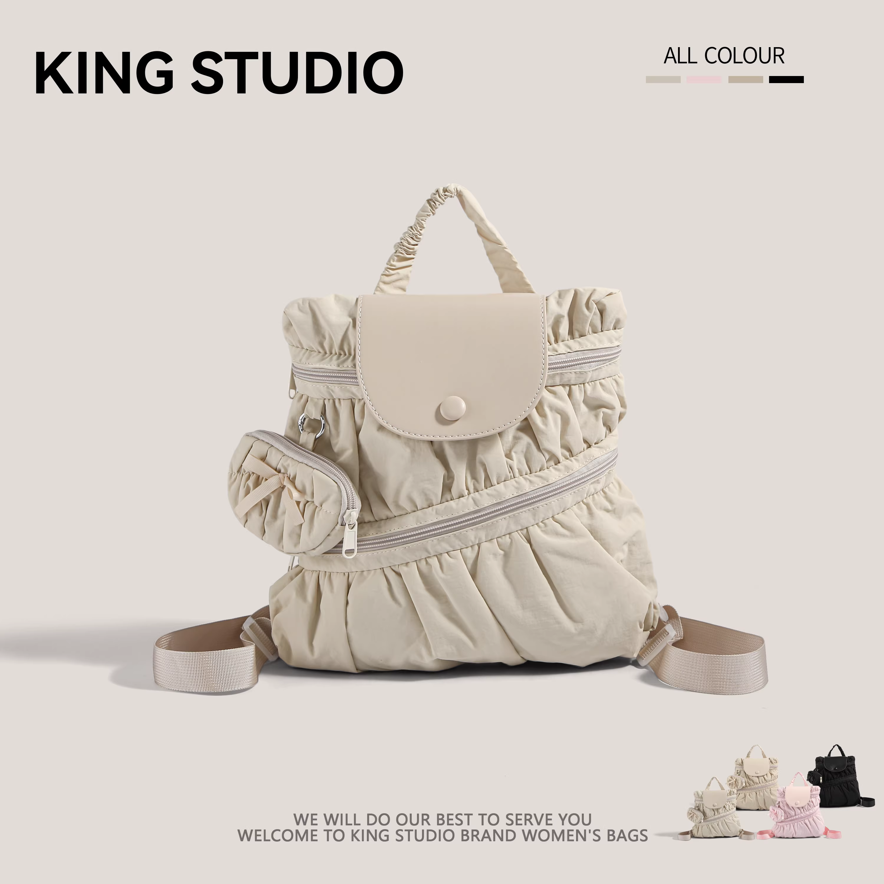 Ba lô nữ phong cách Hàn Quốc 2025, thời trang mới, chất liệu nylon canvas xếp ly, túi xách đeo vai cá tính