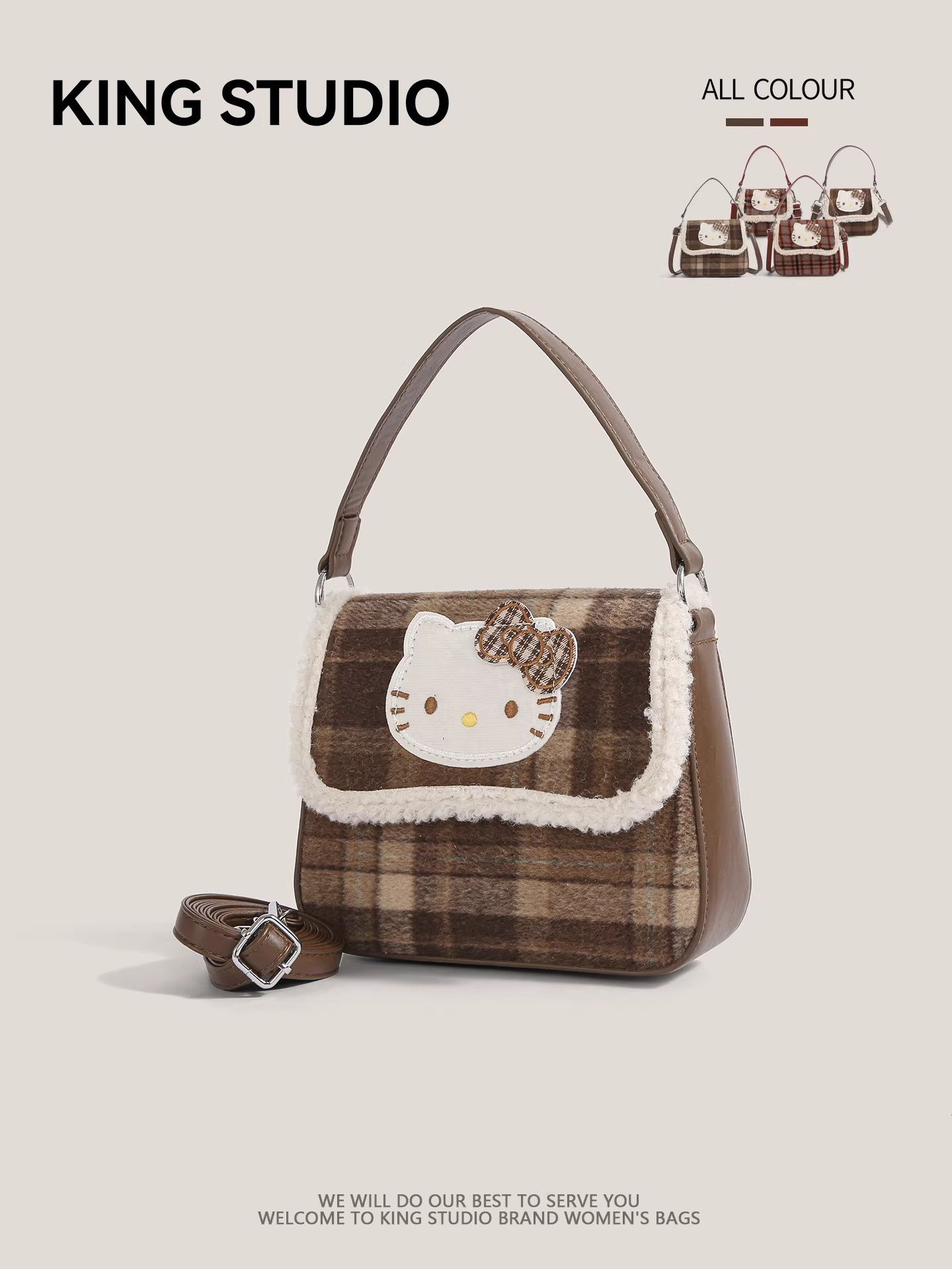 Túi len kẻ caro Hello Kitty dễ thương dành cho nữ, mẫu mới 2025, túi điện thoại mini hoạt hình Hello Kitty retro