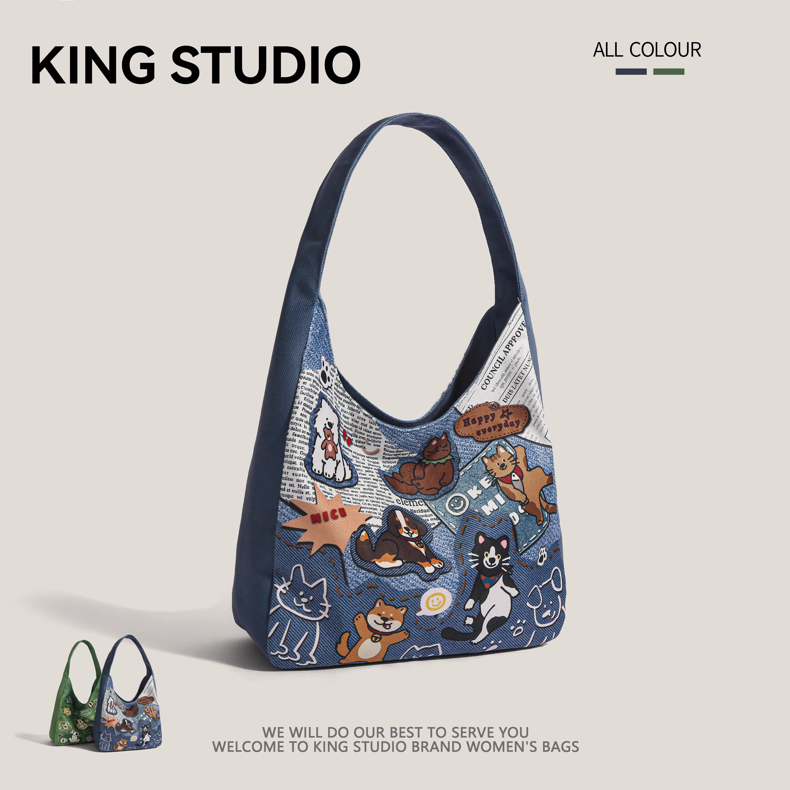 Túi vải canvas hình chó con dễ thương dành cho nữ, mẫu mới 2025, dung tích lớn, túi đeo vai, túi đi học, túi đi làm