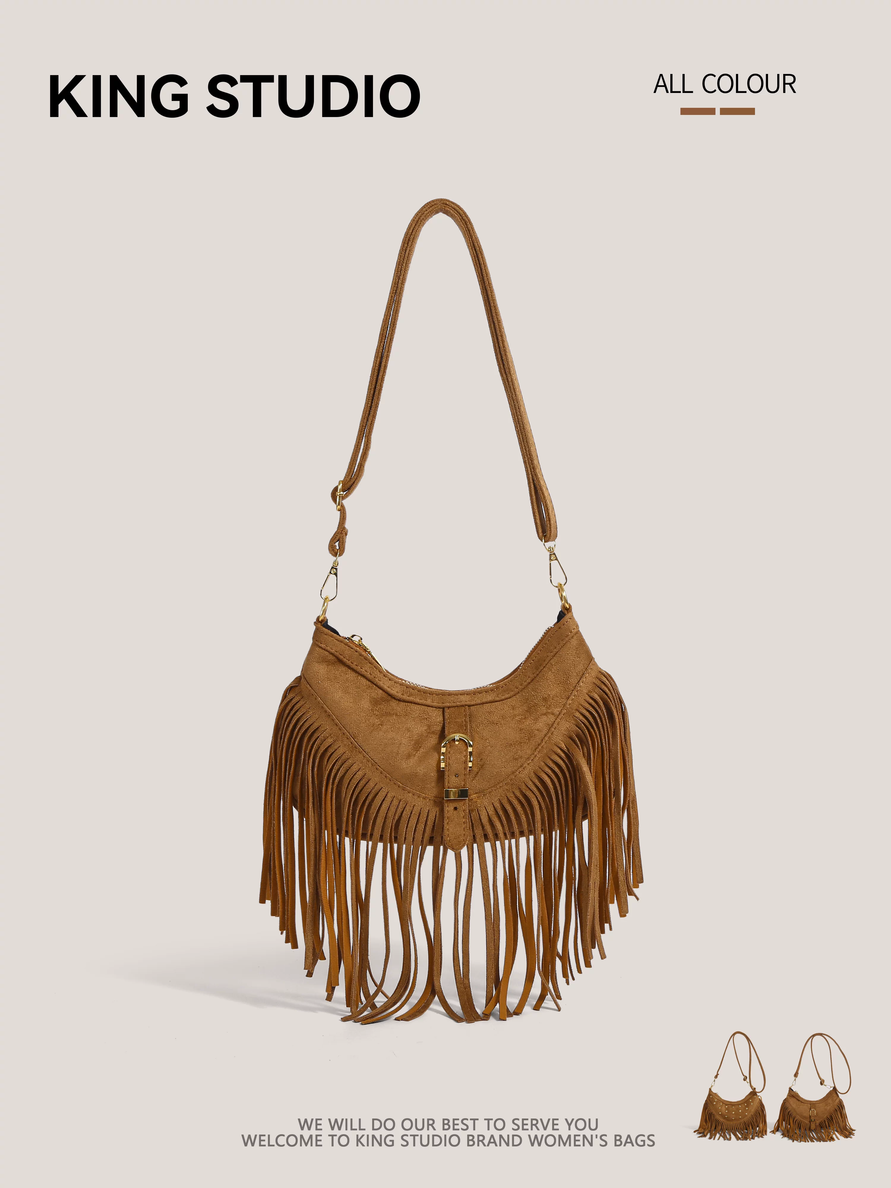 Túi tua rua Bohemian dành cho nữ, kiểu mới 2025, túi yên ngựa phong cách Maillard, túi đeo vai da lộn retro độc đáo