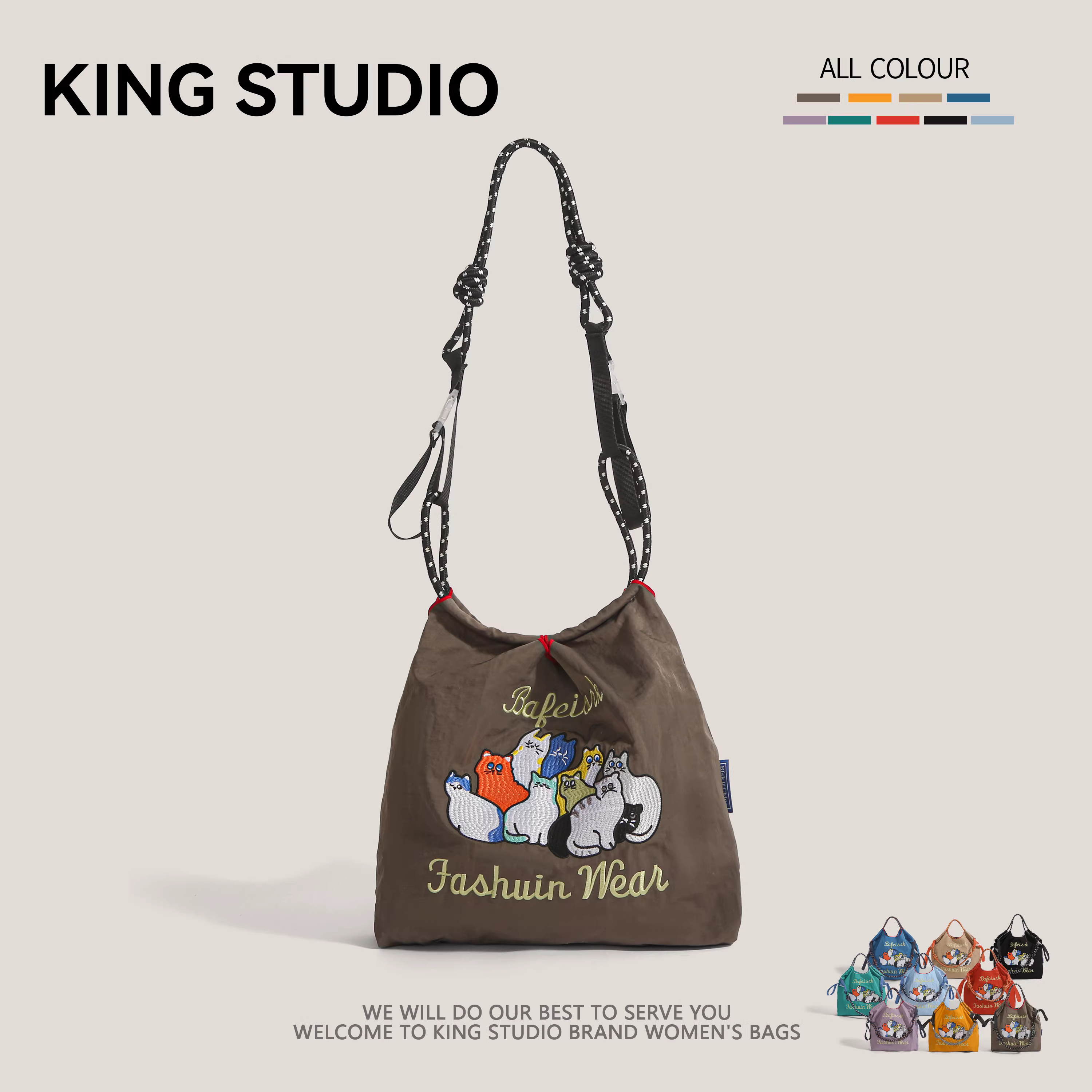 Túi mua sắm thêu kiểu Nhật, dây xích bi, năm 2025, túi thân thiện môi trường Nhật Bản, dung tích lớn, túi đeo vai đi làm, túi vải