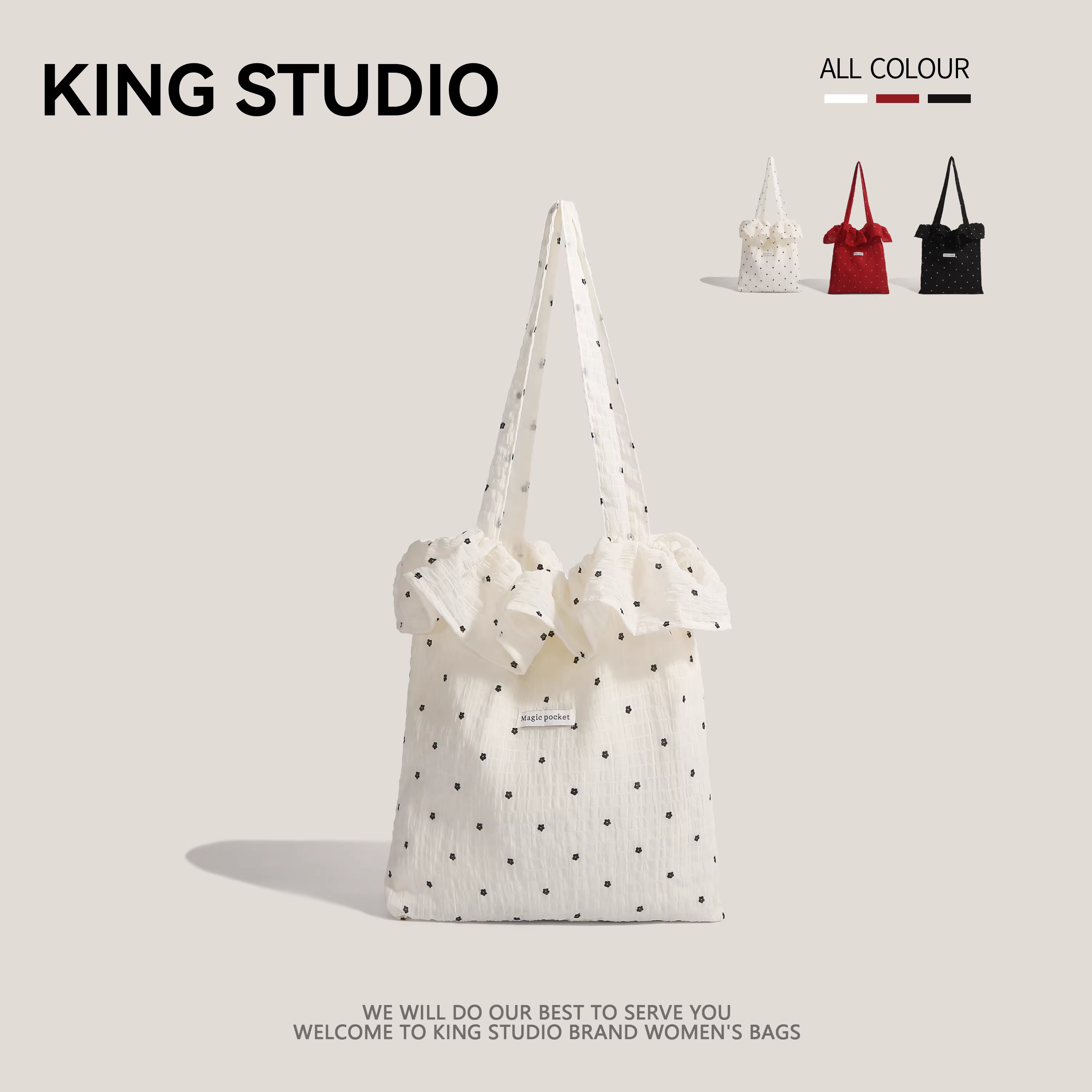 Túi xách voan xếp ly xinh xắn dành cho nữ xuân hè 2025, kiểu dáng thời thượng, phong cách lười biếng, họa tiết chấm bi, túi tote dung tích lớn