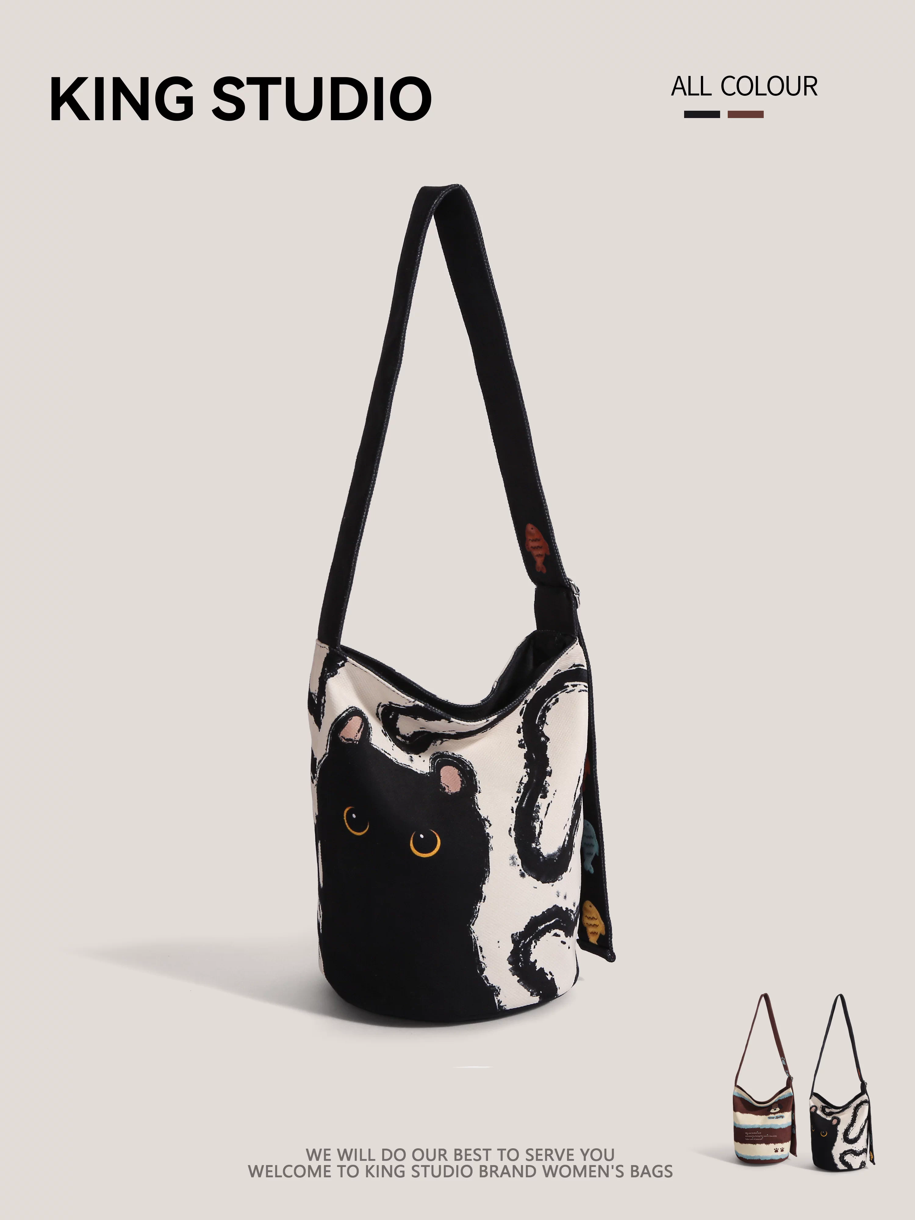 Túi đeo chéo họa tiết độc đáo dành cho nữ 2025, mẫu mới dễ thương hình mèo hoạt hình, túi đeo vai, túi vải bố kiểu xô, phong cách thường ngày