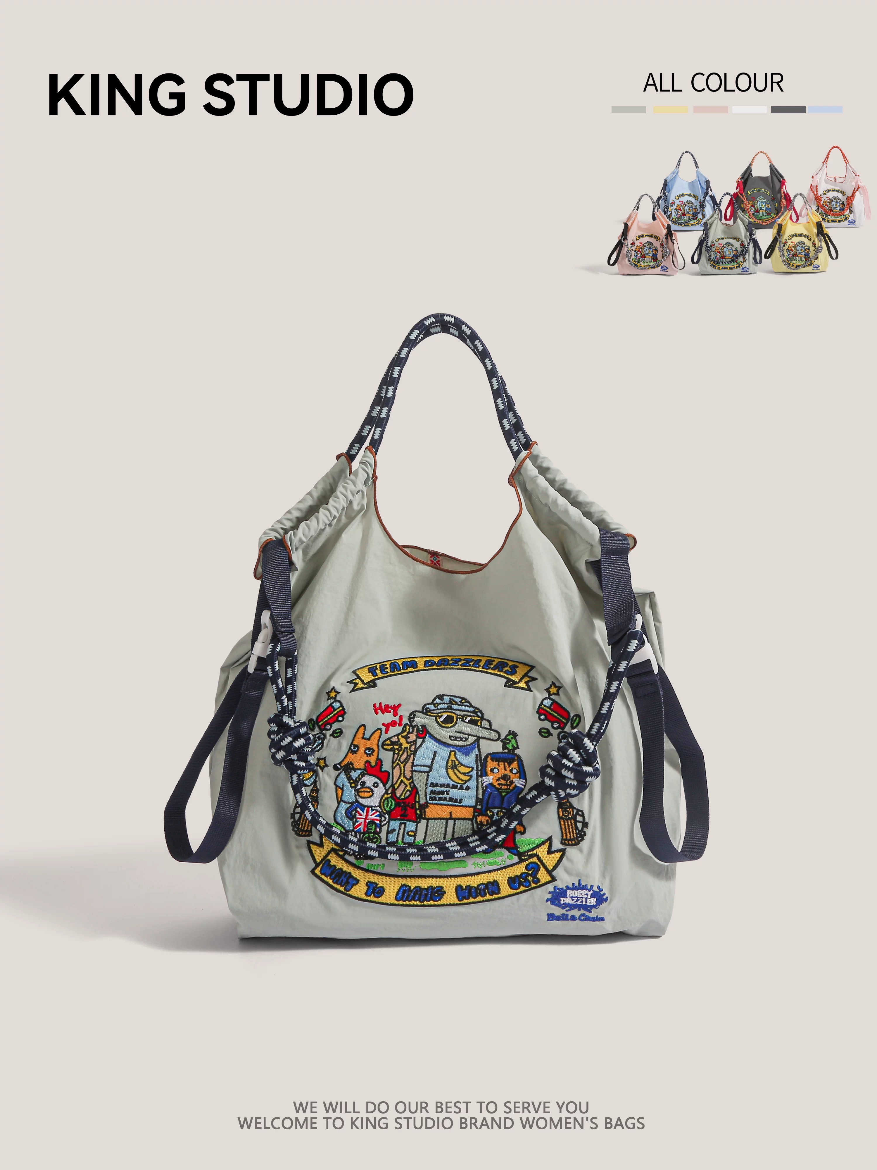 Túi tote mua sắm thân thiện với môi trường, chất lượng cao, thêu hình tròn, họa tiết vườn thú Nhật Bản, dành cho nữ