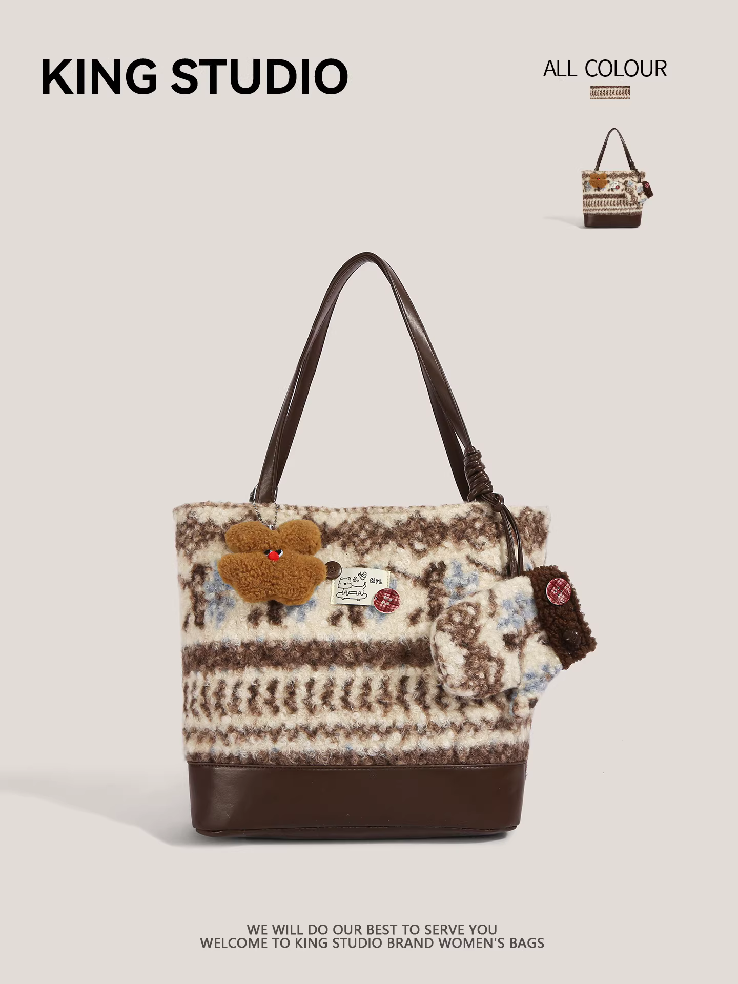 Túi tote lông mềm phong cách Fair Isle dành cho nữ, mẫu mới 2026, thời trang đa năng, túi đeo vai, balo đi làm dung tích lớn