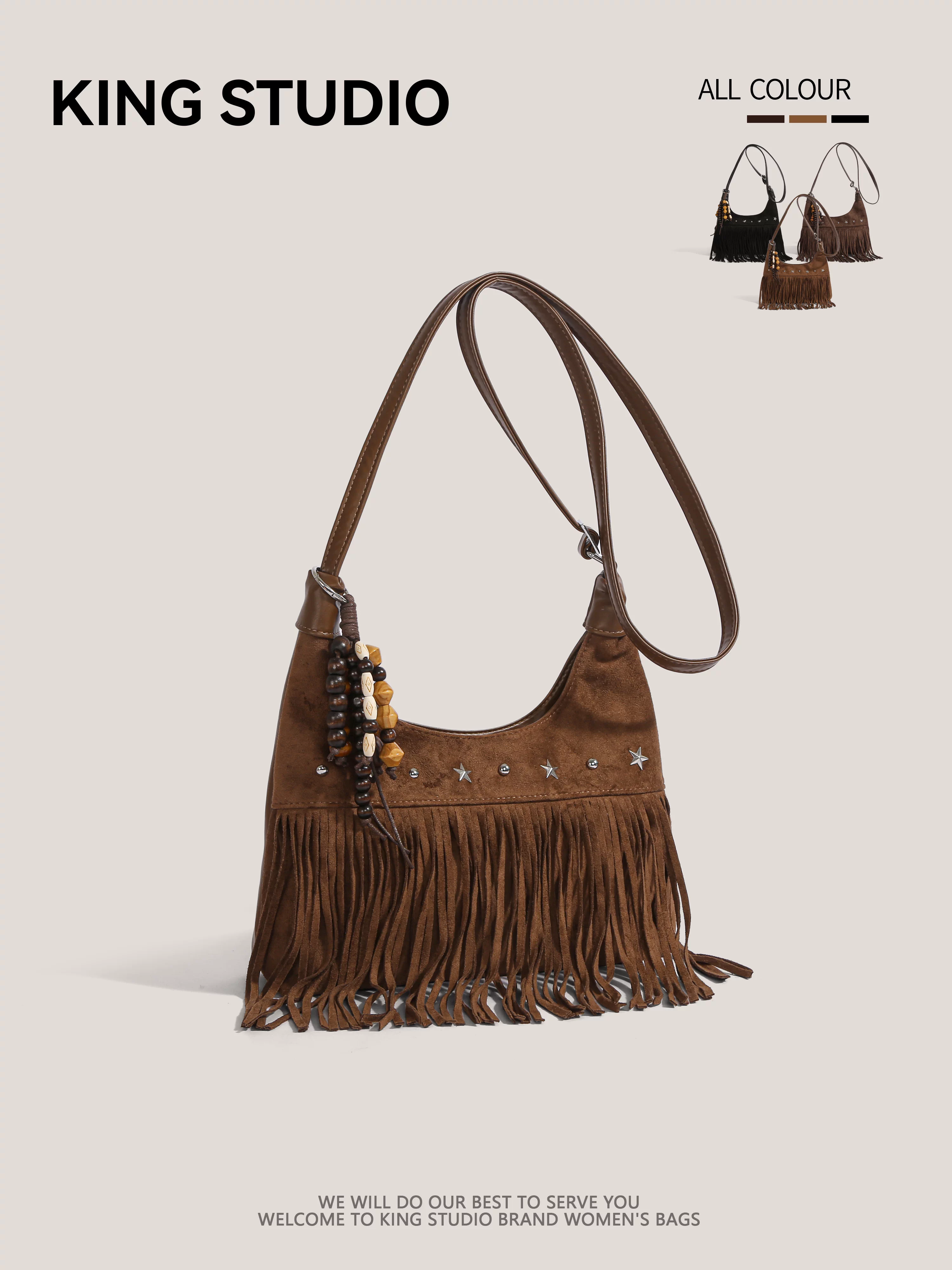 Túi đeo chéo da lộn mờ phong cách retro dành cho nữ, mẫu mới thu đông 2025, đa năng, kiểu boho, có tua rua