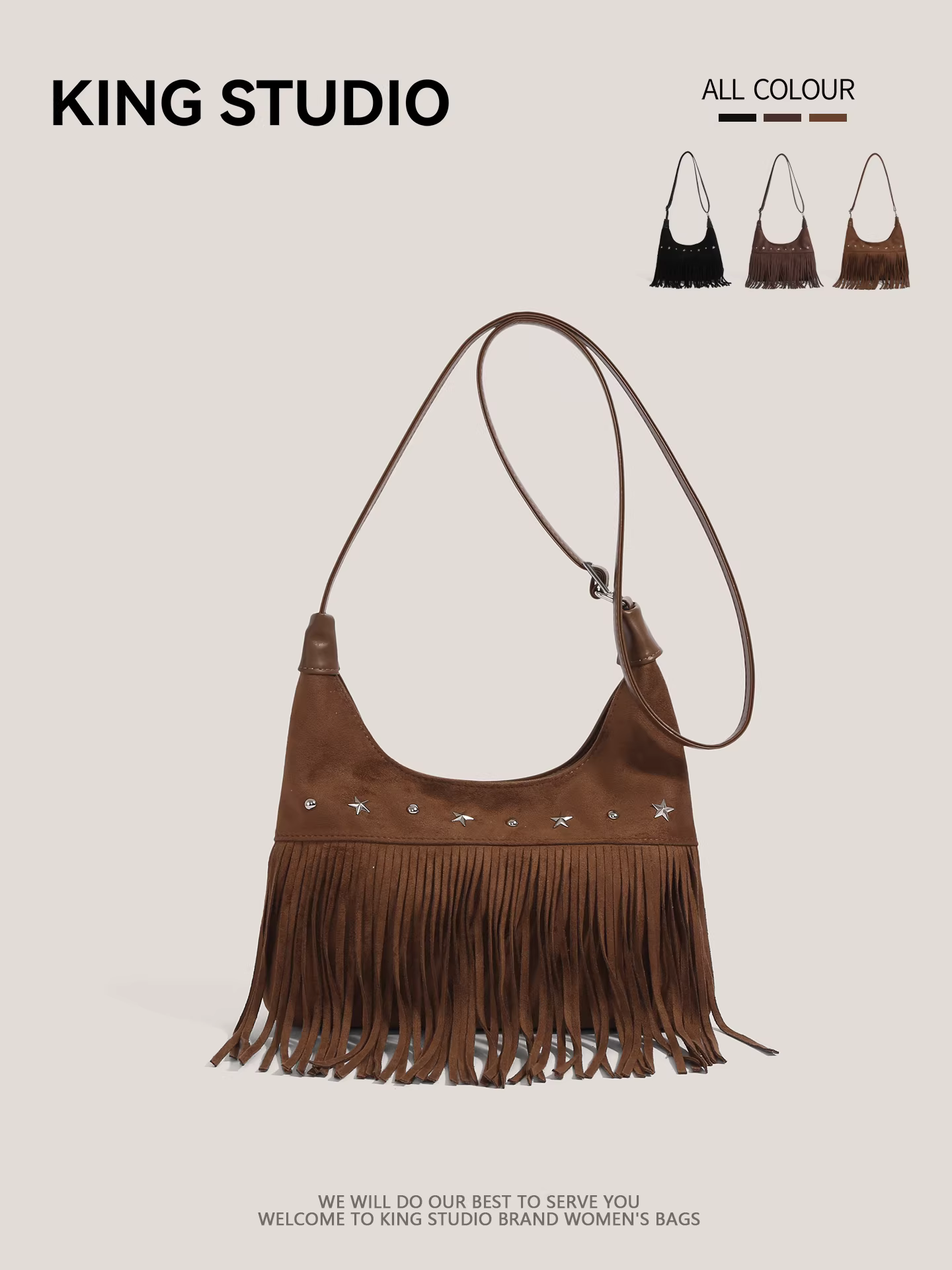 Túi xách da lộn mờ kiểu retro dành cho nữ, mẫu mới thu đông 2025, đa năng, đeo vai, đeo chéo, phong cách boho, có tua rua