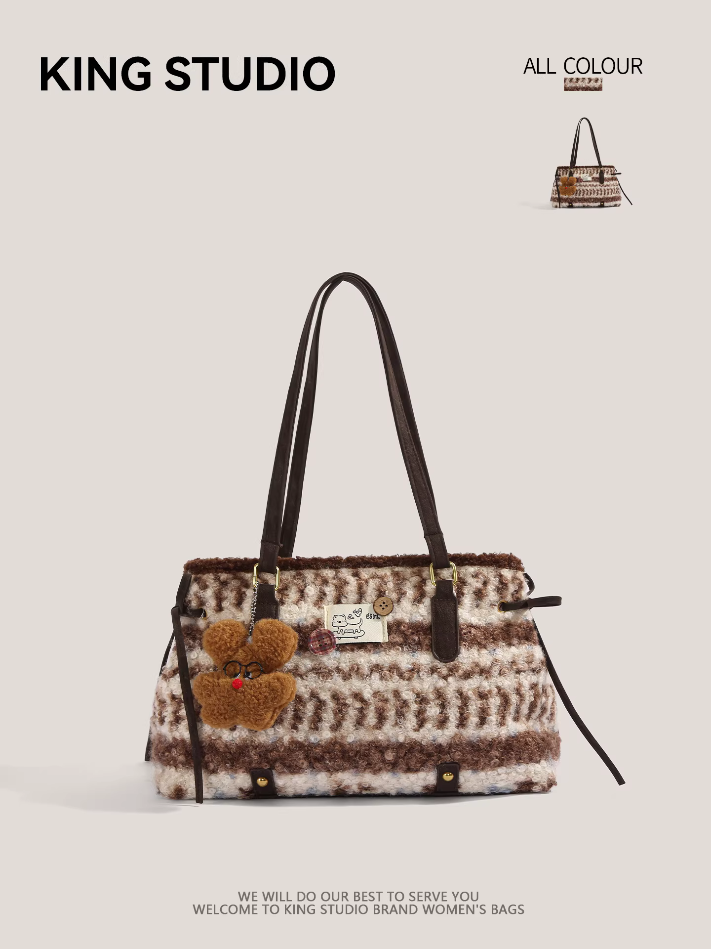 Ba lô len cừu phong cách Fair Isle dành cho nữ 2026 thời trang mới dễ thương túi đeo vai đơn chất liệu lông mềm dung tích lớn