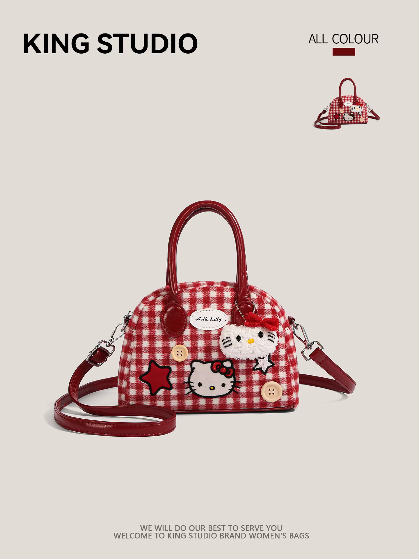 Túi xách Hello Kitty dễ thương dành cho nữ, mẫu mới 2025, kiểu dáng độc đáo, túi đeo vai chéo kẻ caro, túi bowling mini