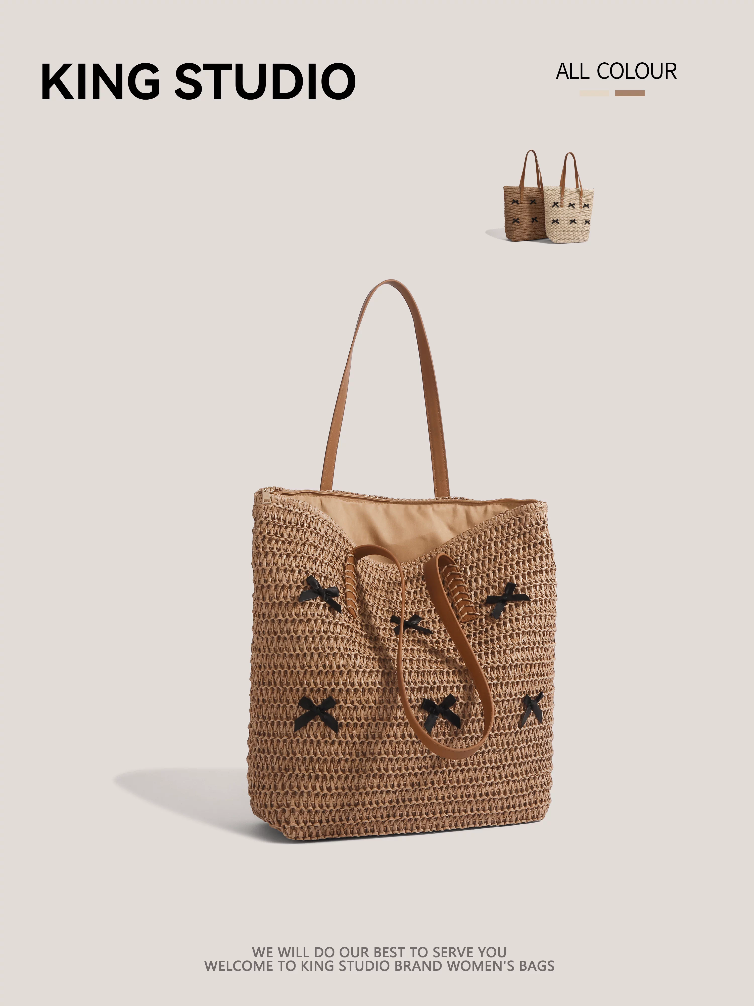 Túi cói thắt nơ dành cho nữ, mẫu mới hè 2025, phong cách nghỉ dưỡng, túi tote cỡ lớn, kiểu retro