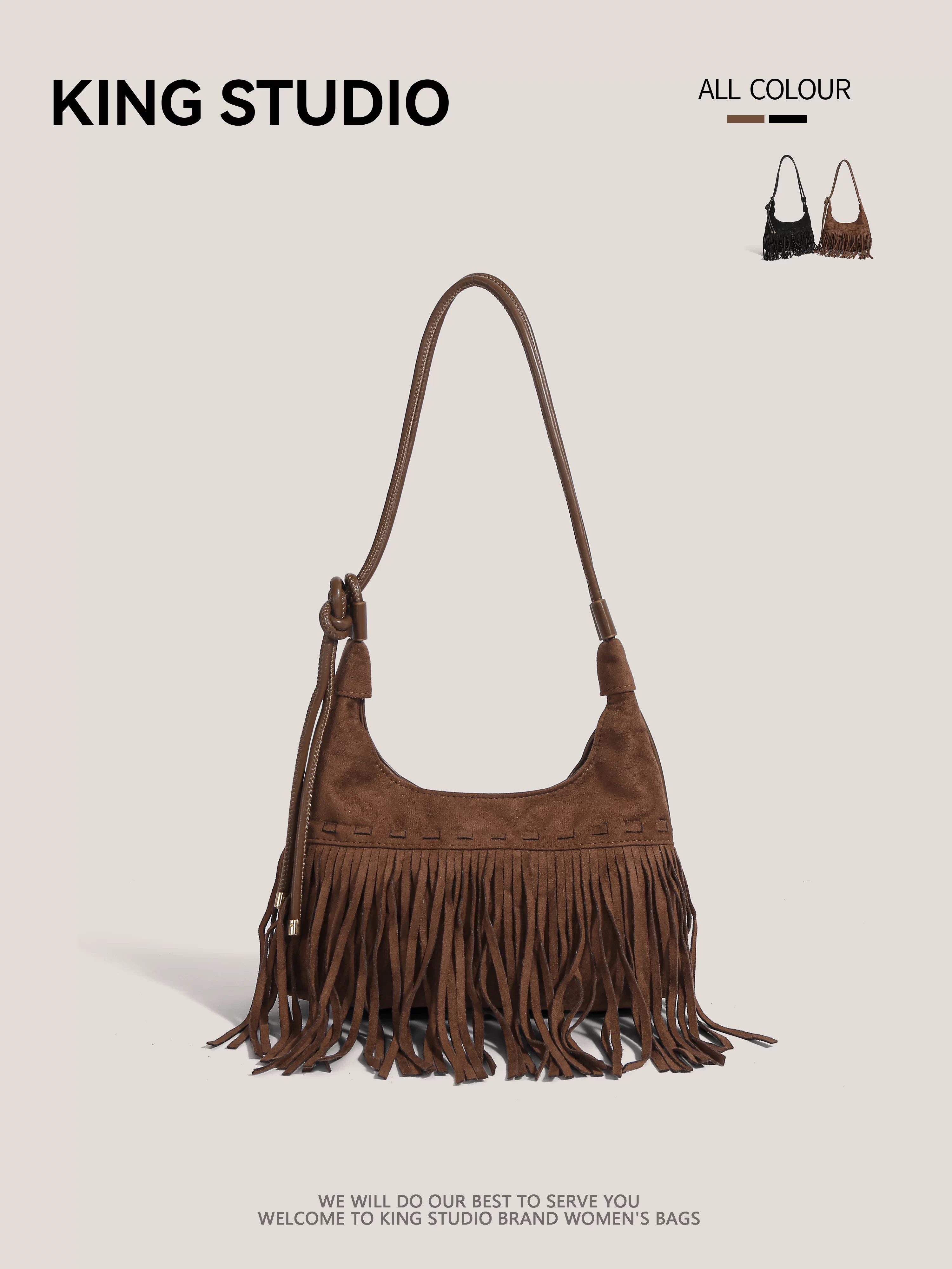 Túi đeo chéo da lộn cao cấp dành cho nữ, kiểu mới thu đông 2025, phong cách boho retro, có tua rua