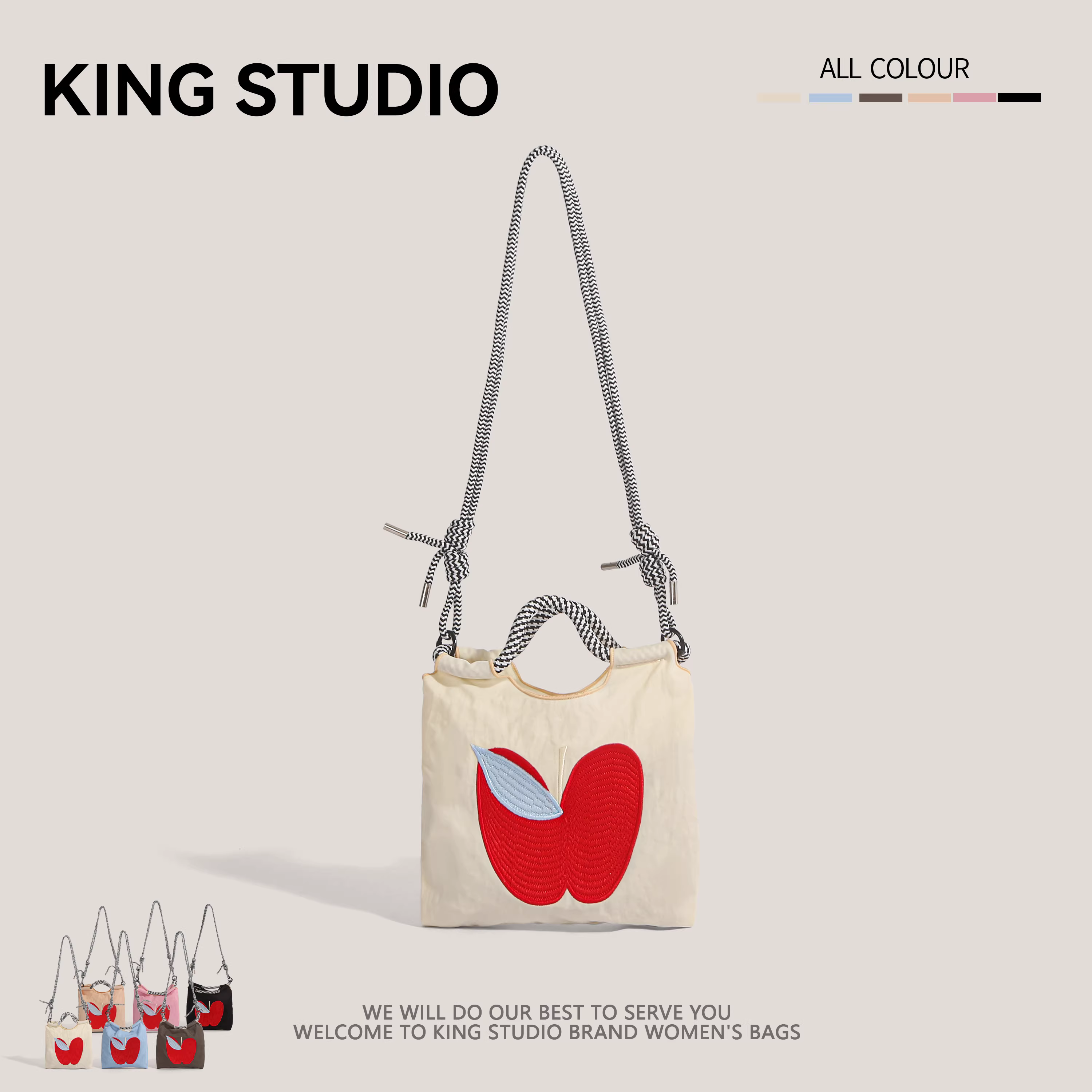 Túi đeo chéo mini kiểu Nhật thân thiện với môi trường, có dây xích, thêu hình quả táo, đa năng, nhẹ, chất liệu nylon, thích hợp đi làm.