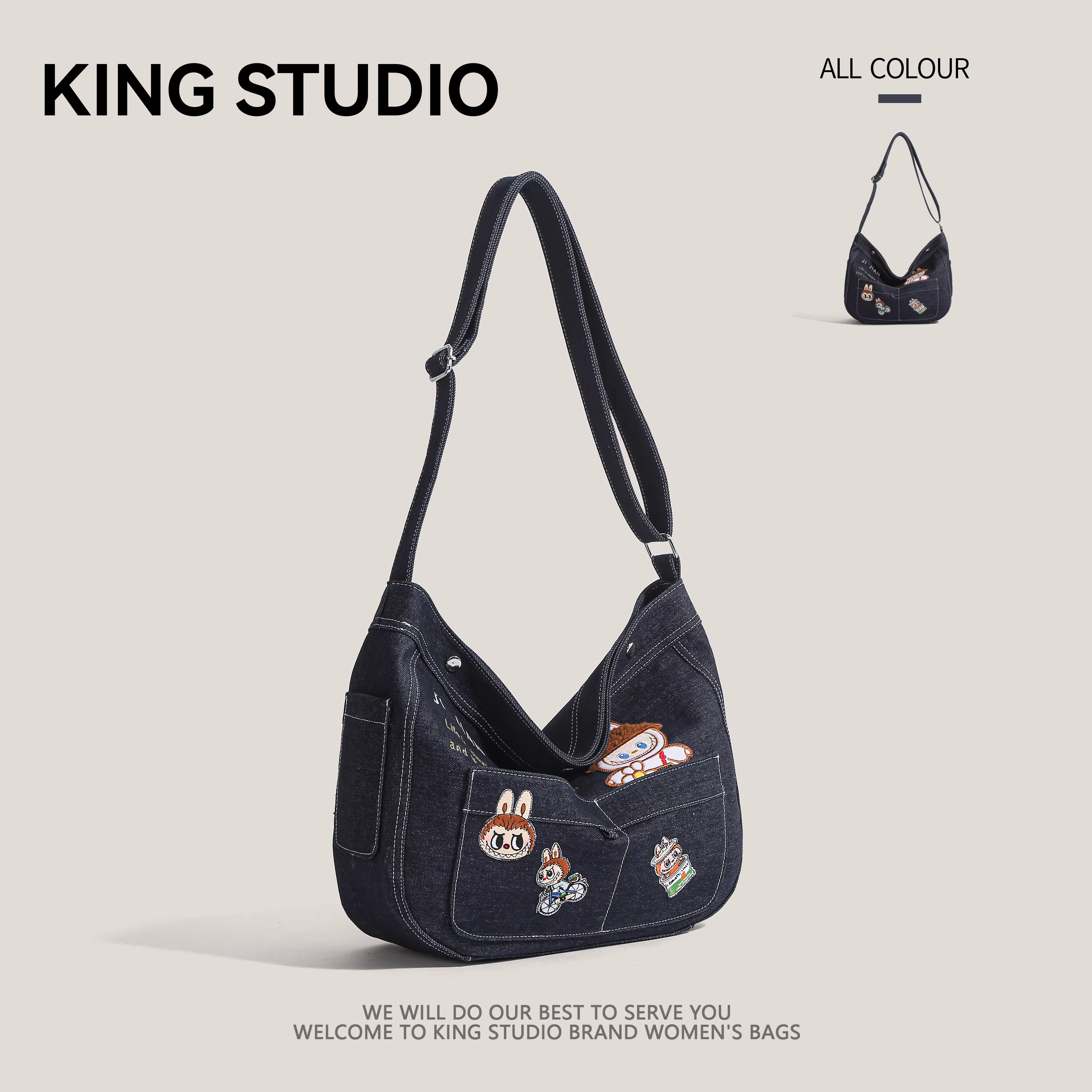 Túi đeo chéo vải bố denim thêu họa tiết dành cho nữ 2025, mẫu mới đa năng, dung tích lớn, thích hợp cho học sinh, sinh viên, đi làm, đi học