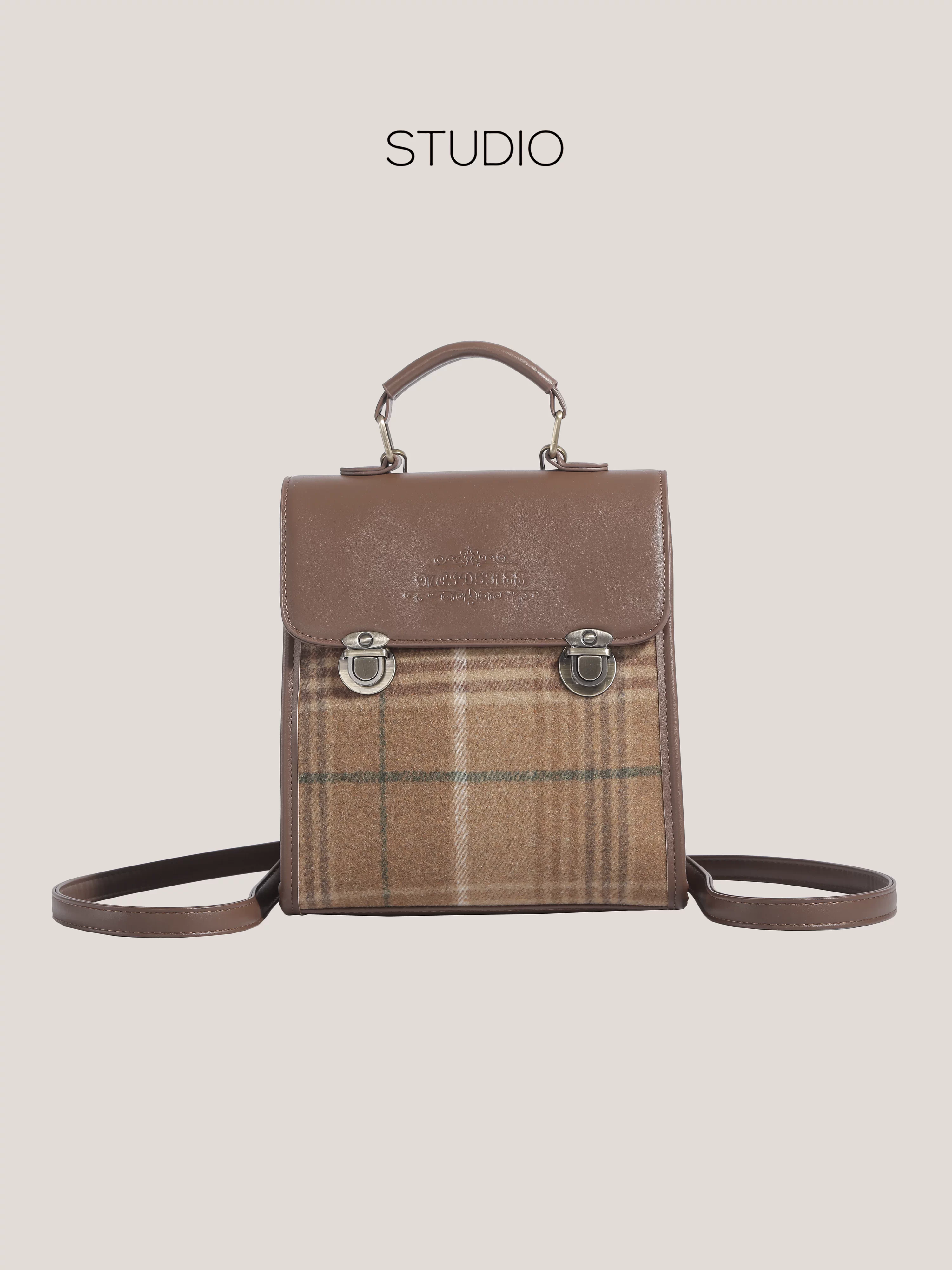 Ba lô Hàn Quốc thời trang nữ 2025, kiểu dáng mới, phong cách retro, chất liệu len kẻ caro, dành cho học sinh, sinh viên, đi làm hàng ngày.