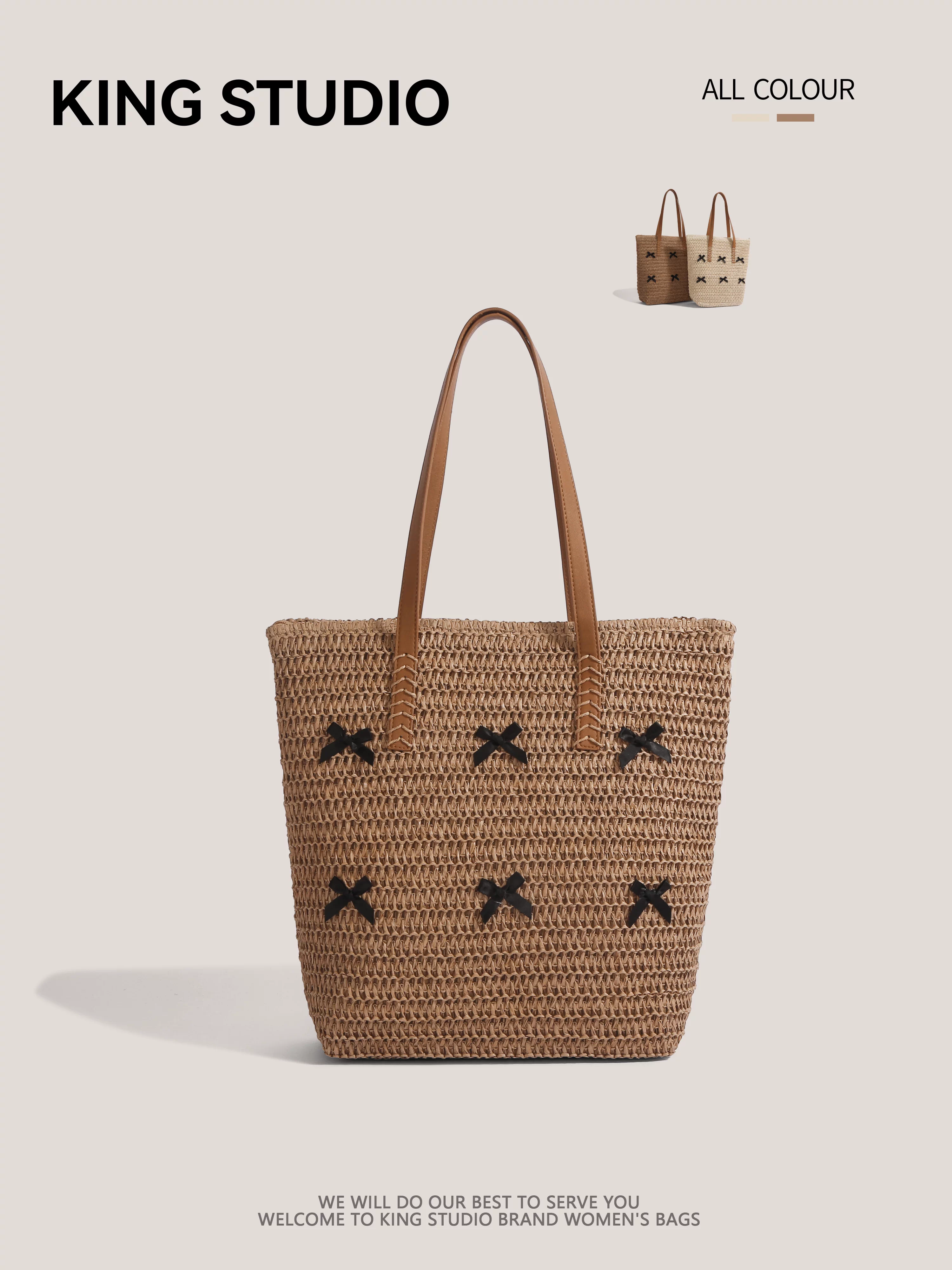 Túi cói thắt nơ dành cho nữ, mẫu mới hè 2025, phong cách nghỉ dưỡng, túi tote cỡ lớn, kiểu retro