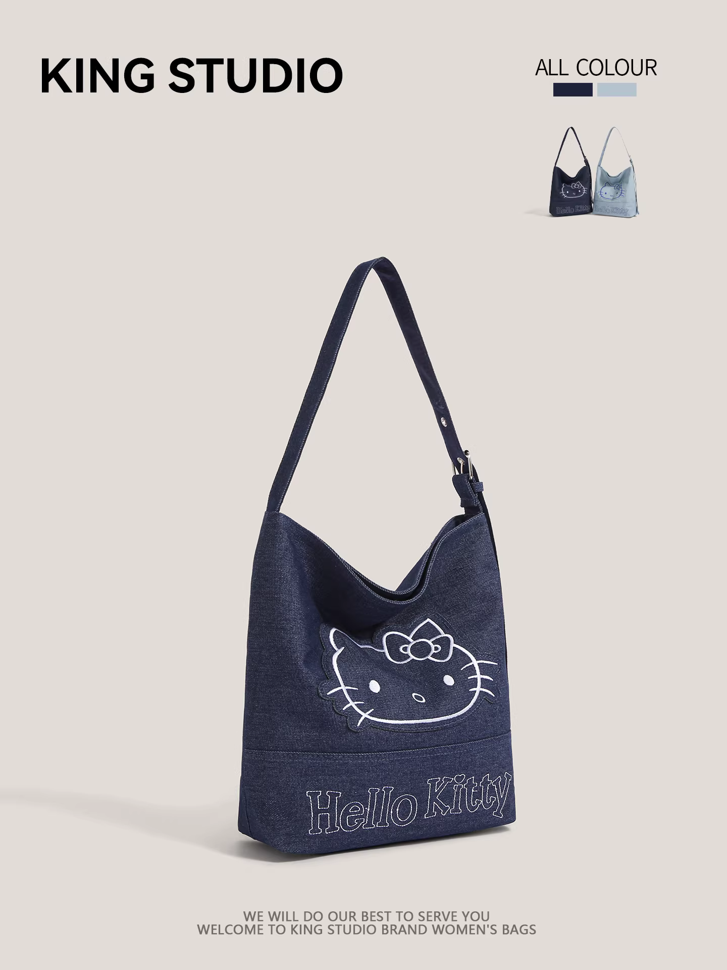 Túi đeo vai denim Hello Kitty hoạt hình dễ thương dành cho nữ, mẫu mới 2025, dung tích lớn, kiểu dáng xô