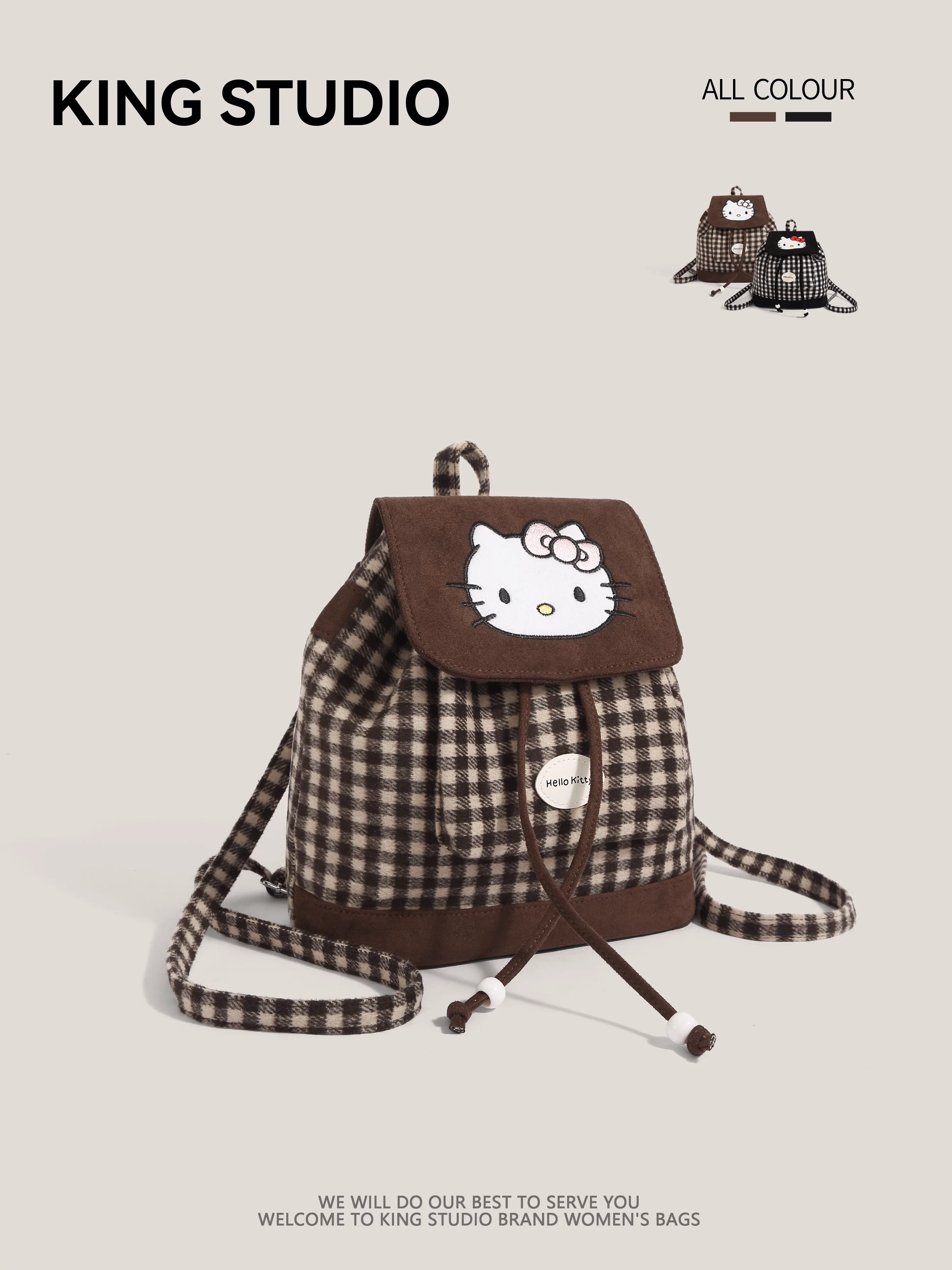 Ba lô Hello Kitty kẻ caro dễ thương dành cho nữ, mẫu mới 2025, thời trang hoạt hình Kitty, đa năng, dùng đi làm