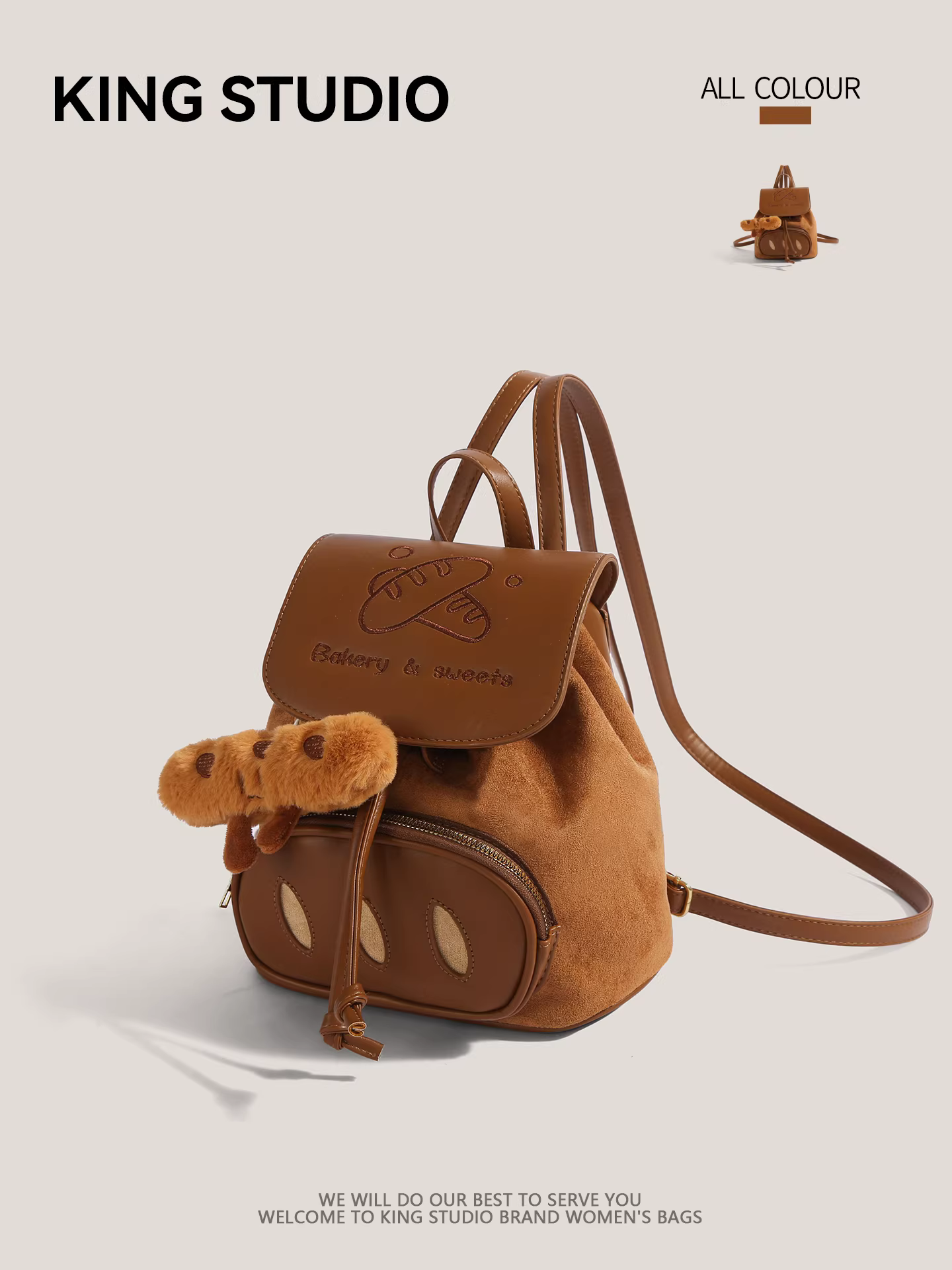 Ba lô thêu hình bánh mì hoạt hình dễ thương dành cho nữ 2025, ba lô cao cấp độc đáo chất liệu da lộn, cặp sách học sinh