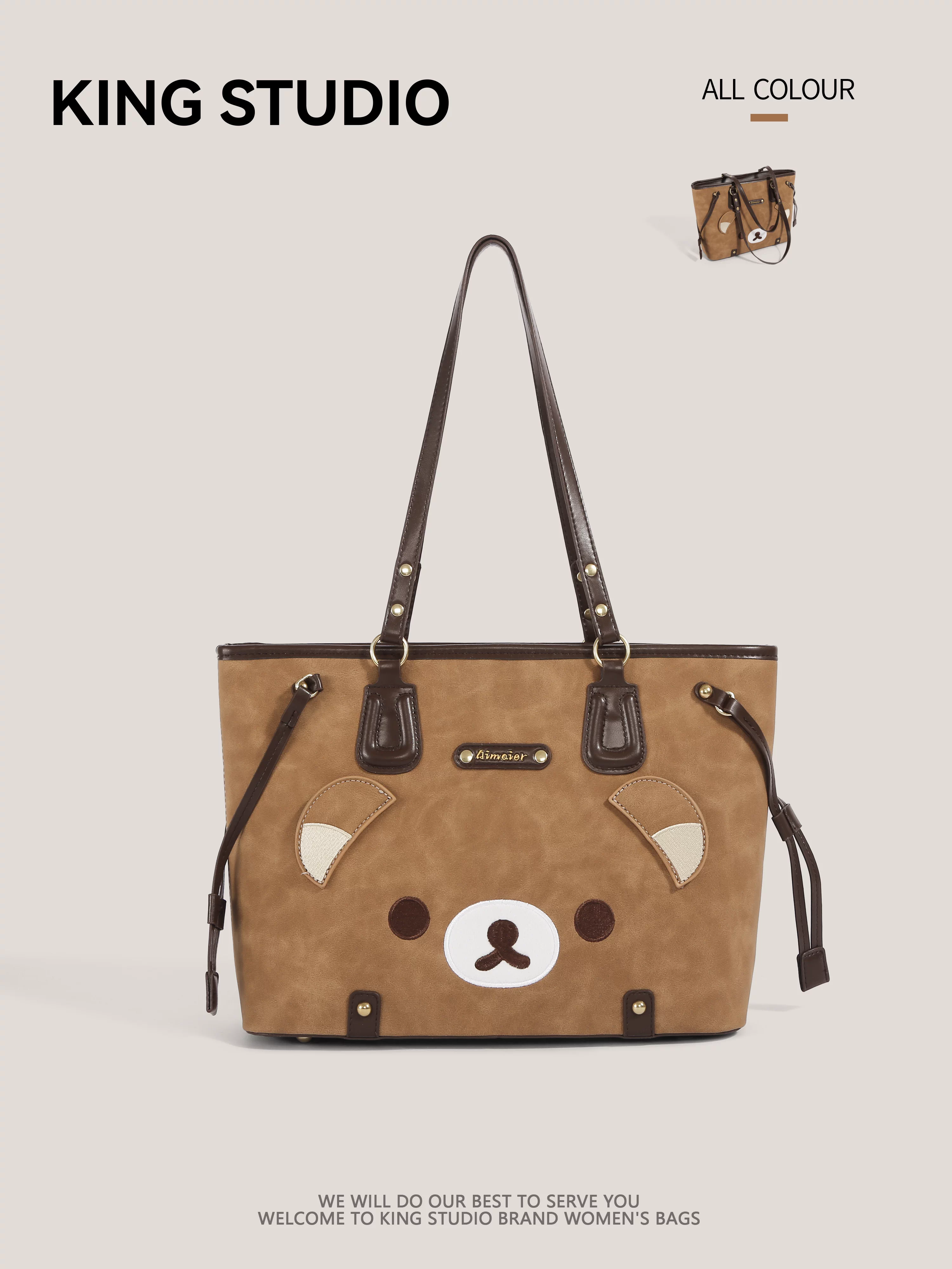 Túi tote hình gấu hoạt hình dễ thương dành cho nữ, mẫu mới 2026, phong cách retro thời thượng, đa năng, dung tích lớn, túi đeo vai đi làm